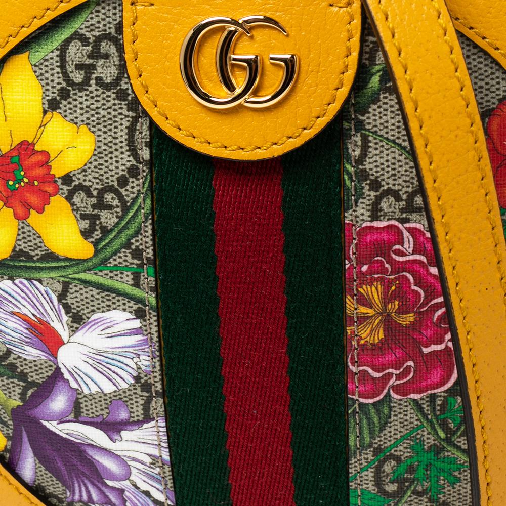 Gucci Mustard GG Supreme Canvas and Leather Mini Ophidia Floral Round Bag 1