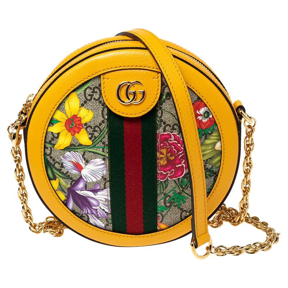 Gucci Mustard GG Supreme Canvas and Leather Mini Ophidia Floral Round Bag
