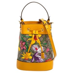Gucci Mustard GG Supreme Canvas and Leather Small Ophidia Floral Bucket Bag