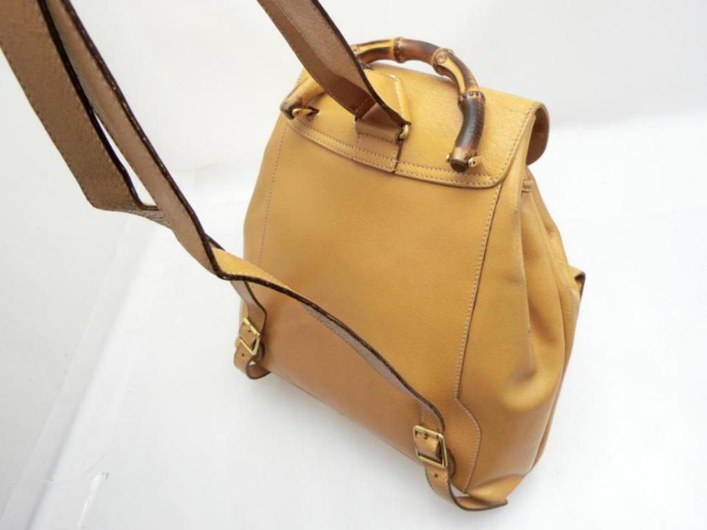 Gucci Mustard Tan Bamboo Double Pocket 231457 Brown Leather Backpack For Sale 3