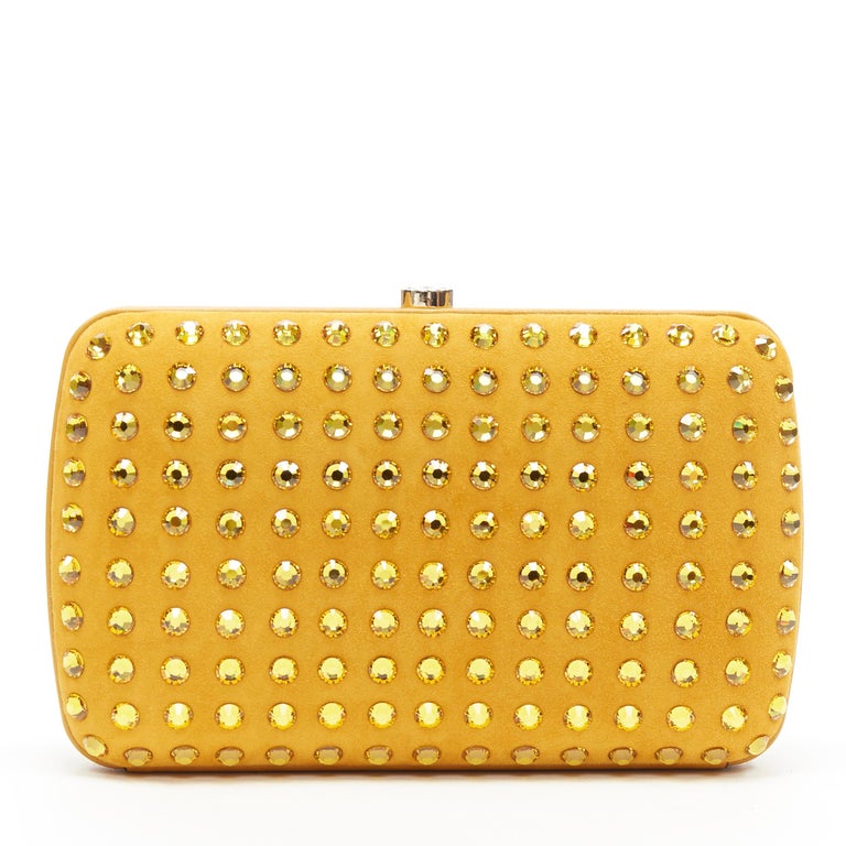 GUCCI mustard yellow suede crystal embellished leather trimmed box ...