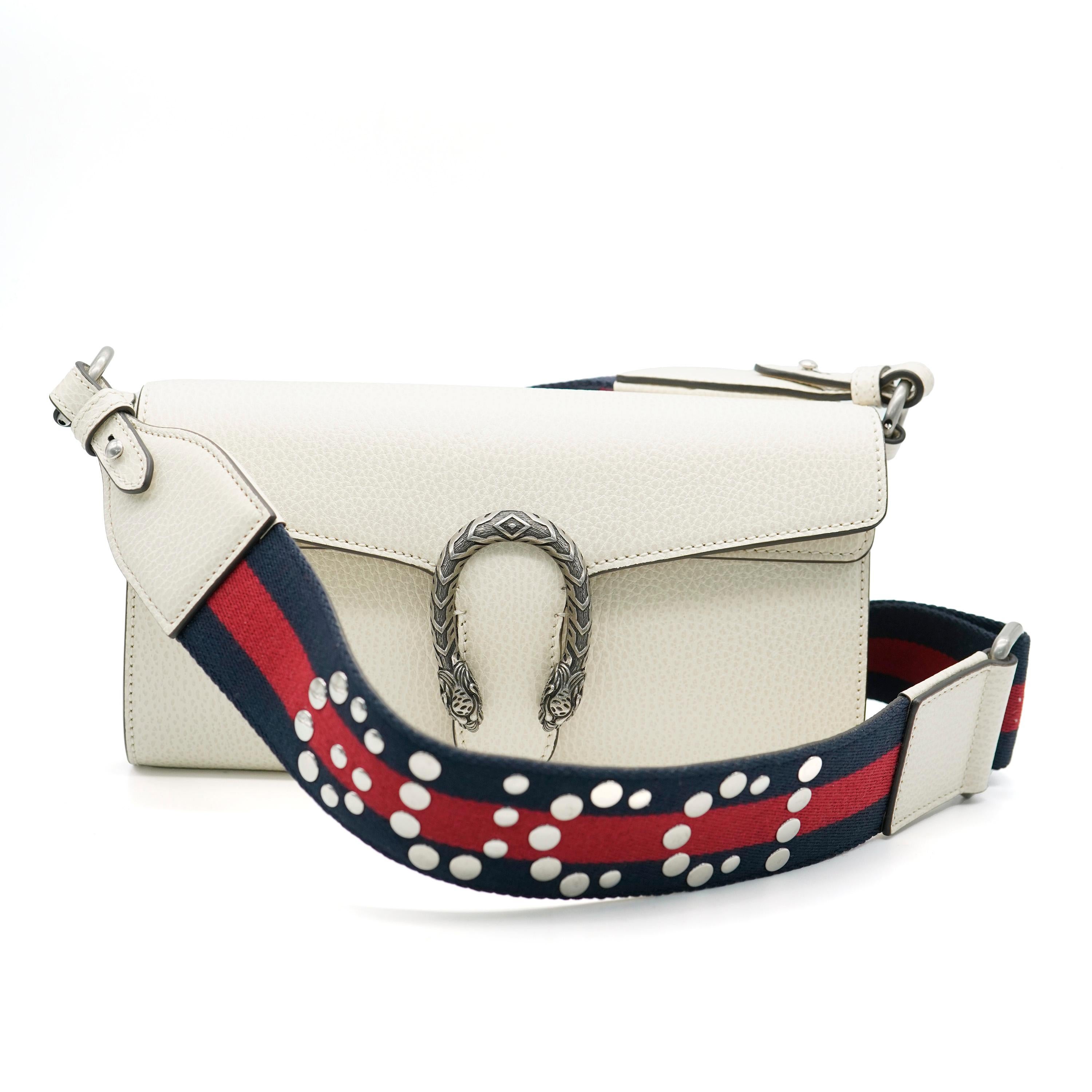 Listing Title: Gucci Mystic White Dollar Calfskin Web Small Dionysus Crossbody Bag
SKU: 136143
Condition: Pre-owned 
Handbag Condition: Pristine
Brand: Gucci
Model: Small Dionysus
Origin Country: Italy
Handbag Silhouette: Crossbody Bag
Occasions: