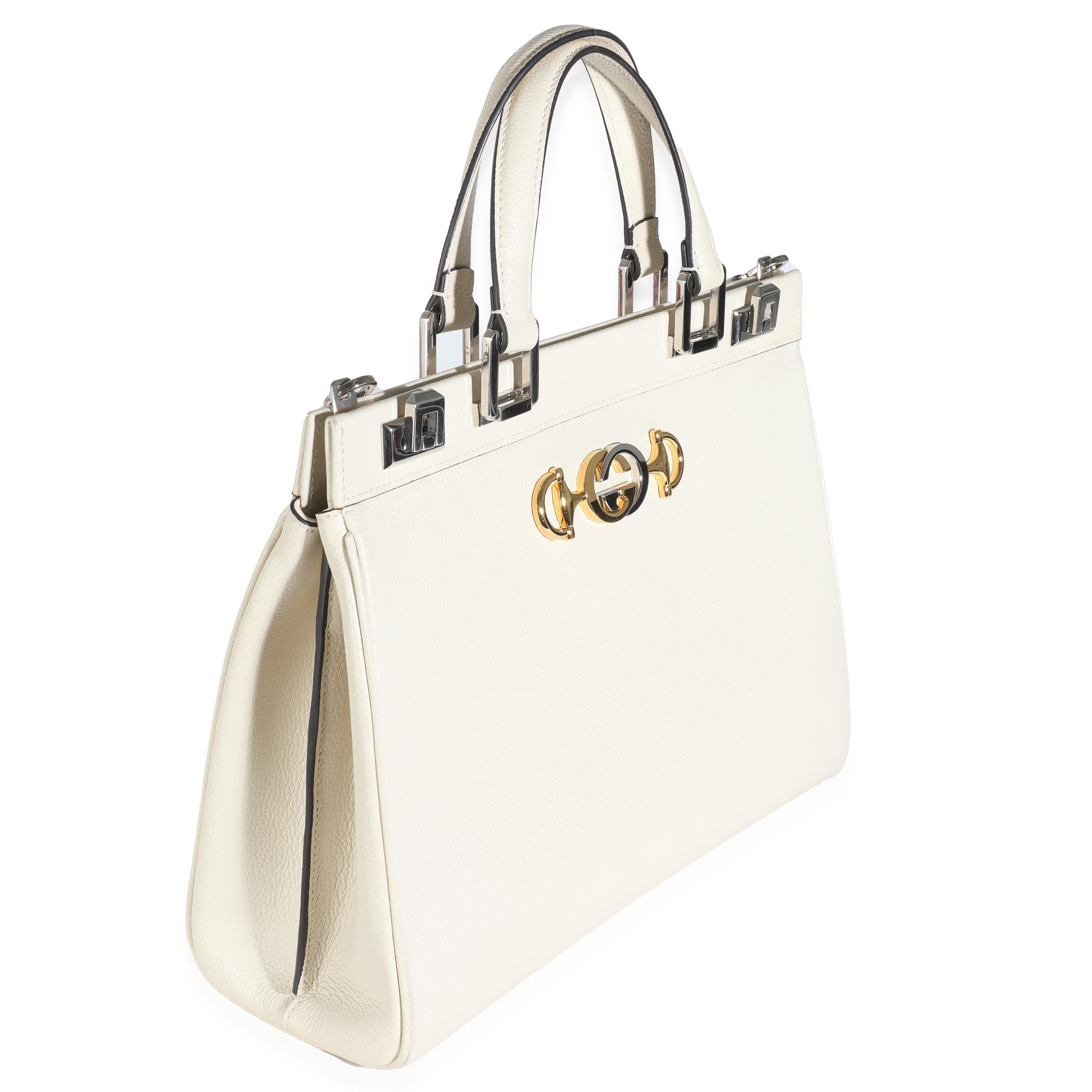 Gucci Mystic White Grainy Calfskin Medium Zumi Top Handle Bag In Excellent Condition For Sale In New York, NY