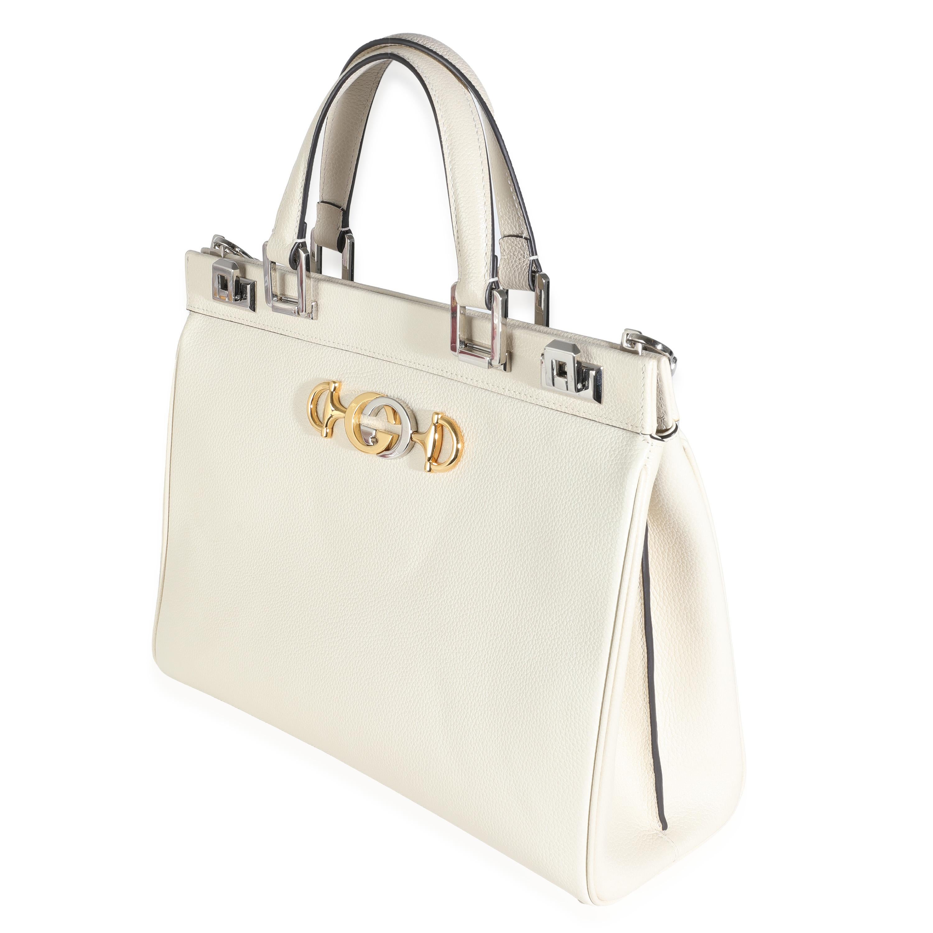 Women's or Men's Gucci Mystic White Grainy Calfskin Medium Zumi Top Handle Bag For Sale