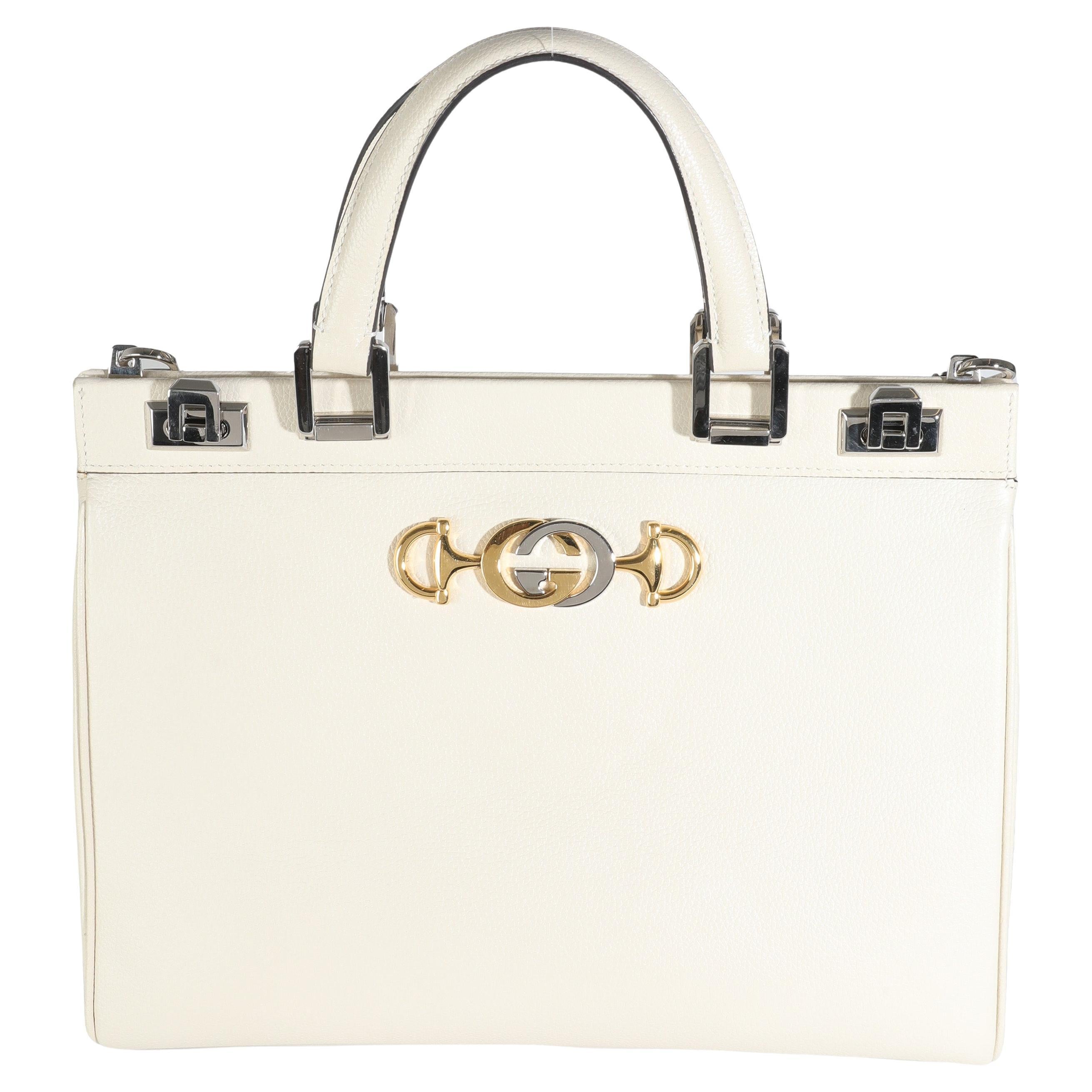 Gucci Mystic White Grainy Calfskin Medium Zumi Top Handle Bag For Sale