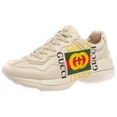 Used Gucci Mystic White Leather Gucci Square Logo Rhyton Low Top Sneakers Size 43