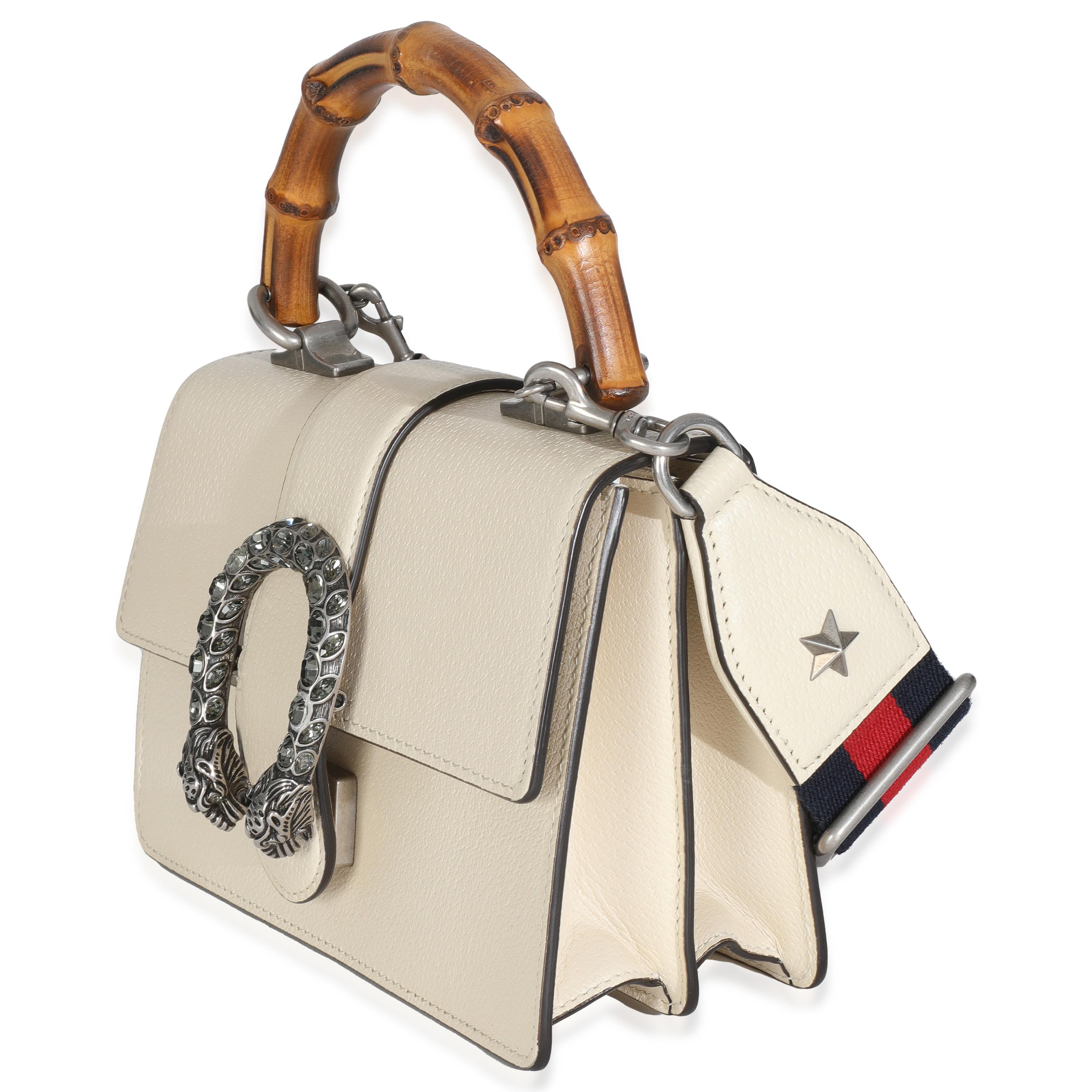 Gucci, Mystic White Textured Calfskin Crystal Bamboo Web Mini Dionysus Top Handle Excellent état - En vente à New York, NY