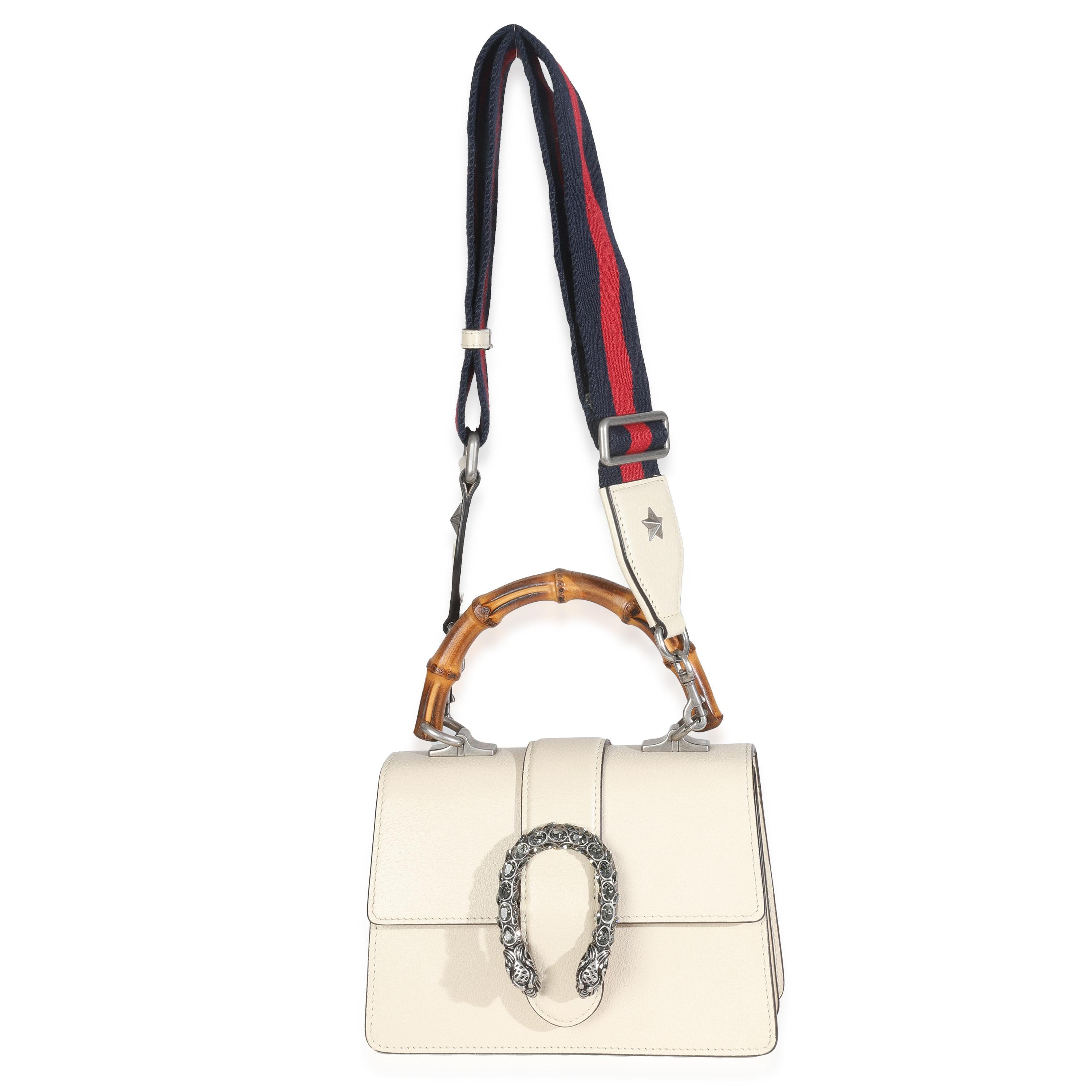 Gucci, Mystic White Textured Calfskin Crystal Bamboo Web Mini Dionysus Top Handle en vente 1