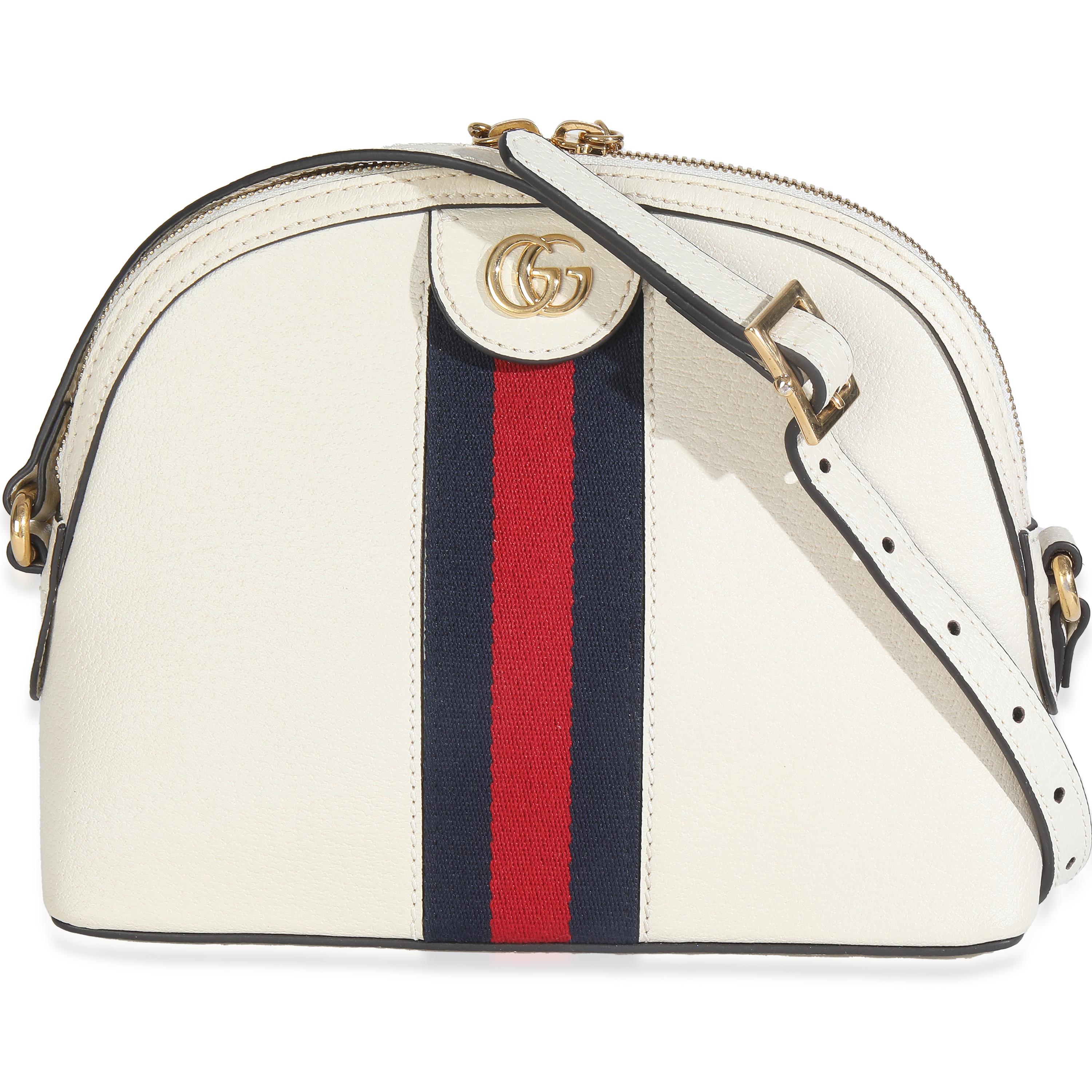Listing Title: Gucci Mystic White Textured Dollar Calfskin Web Small Ophidia Dome Bag
SKU: 148161
MSRP: 1850.00 USD
Condition: Pre-owned 
Condition Description: Making its debut for Cruise '18, the Ophidia line-up from Gucci takes its name from