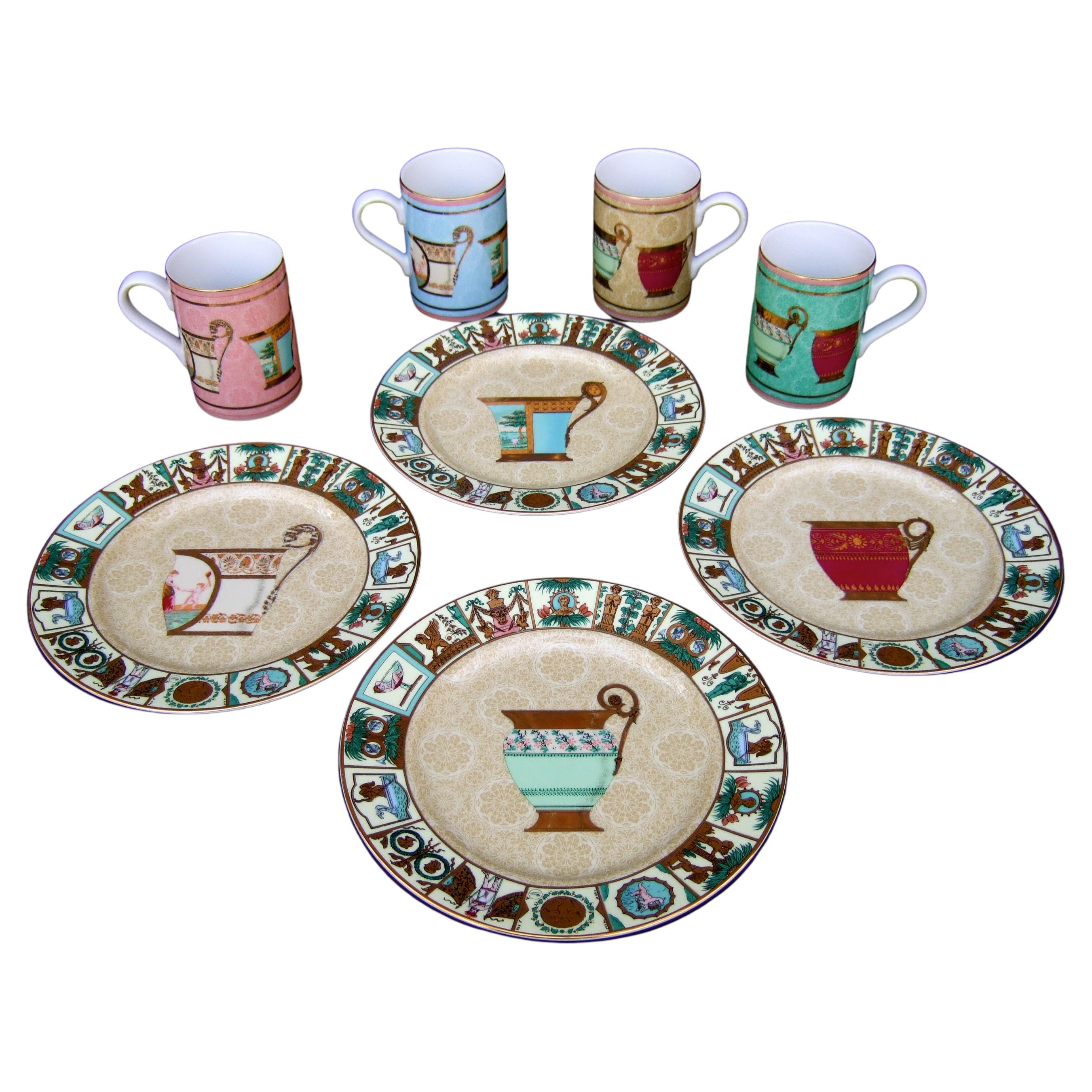 Gucci Mythological Set of Four Desert Plates & Four Porcelain Ceramic Mugs 