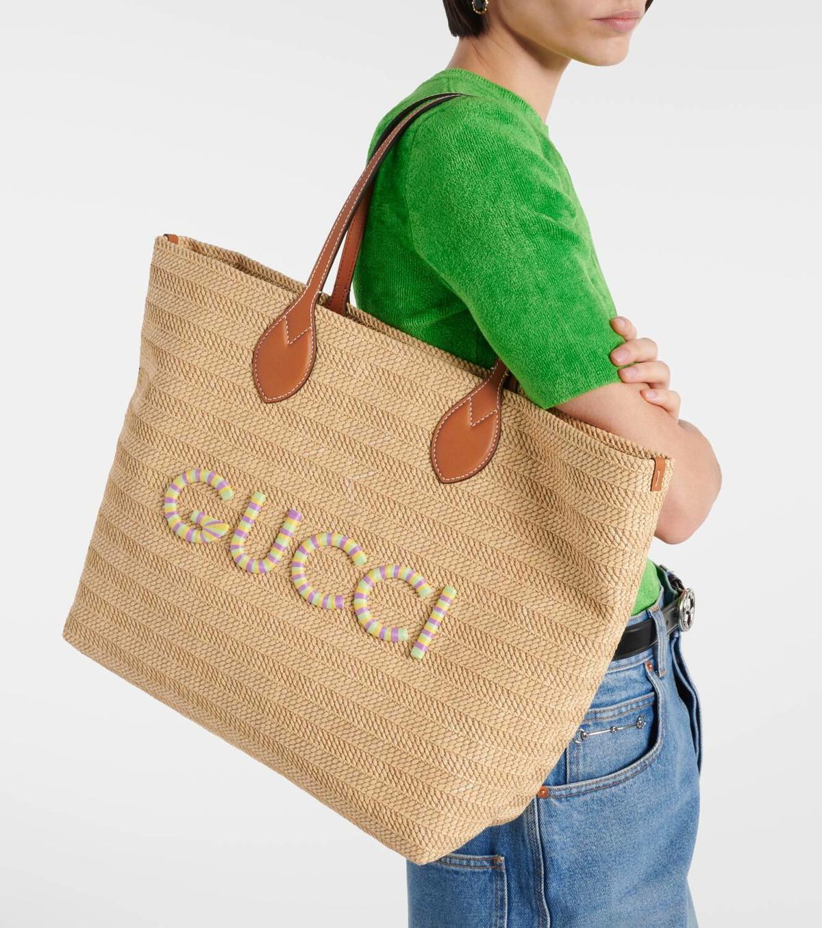GUCCI natural 2024 LOGO PATCH MEDIUM RAFFIA TOTE Bag For Sale 6
