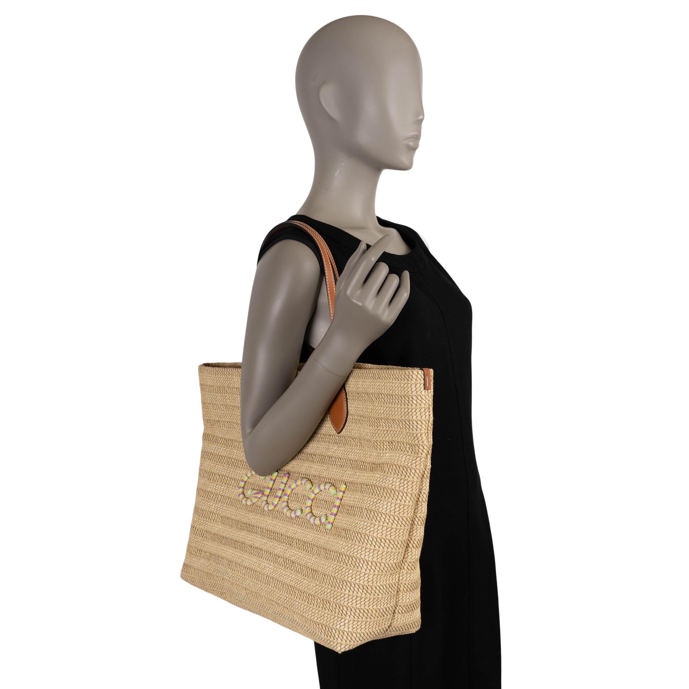 GUCCI natural 2024 LOGO PATCH MEDIUM RAFFIA TOTE Bag For Sale 5