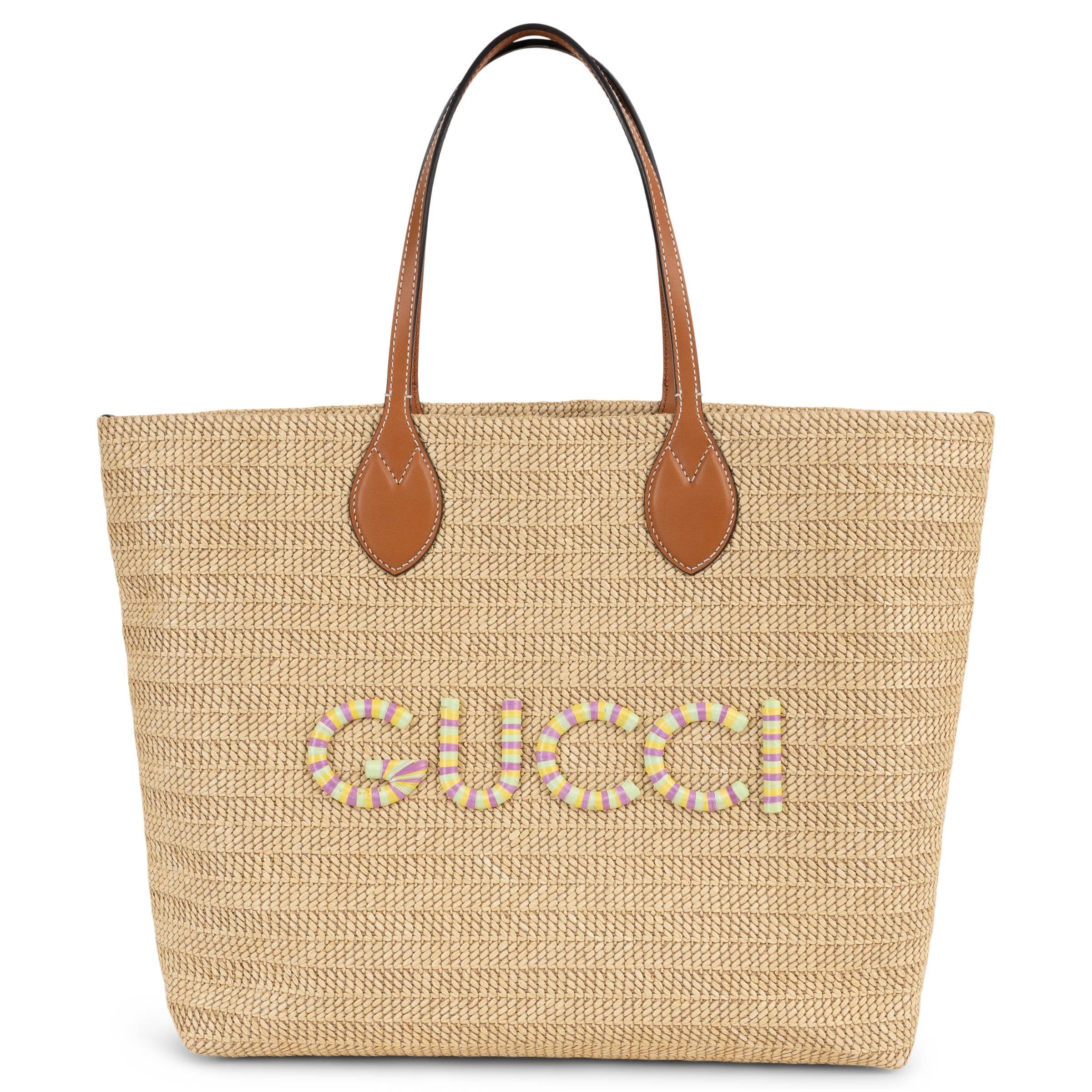 GUCCI natural 2024 LOGO PATCH MEDIUM RAFFIA TOTE Bag For Sale
