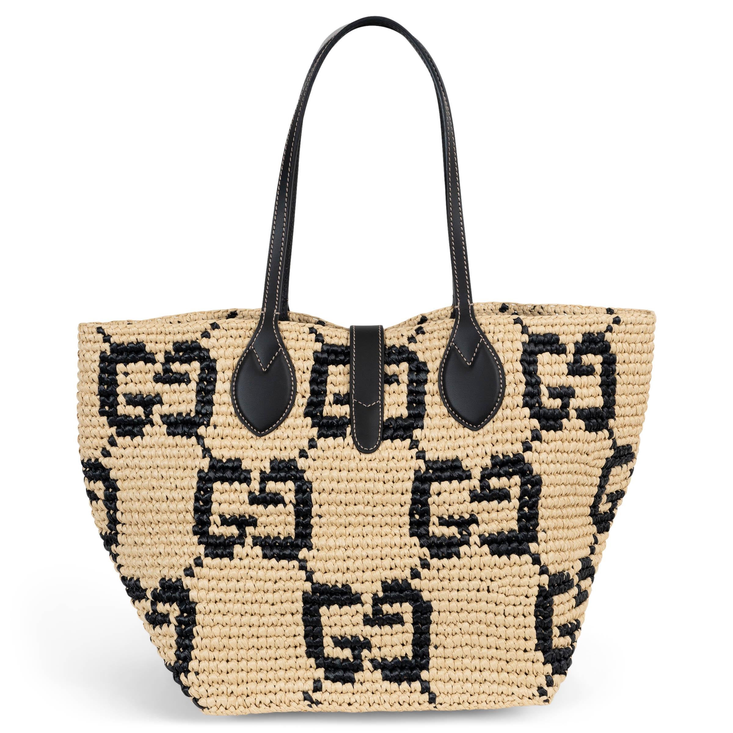 Beige GUCCI natural & black 2025 GG WOVEN MEDIUM TOTE Bag For Sale