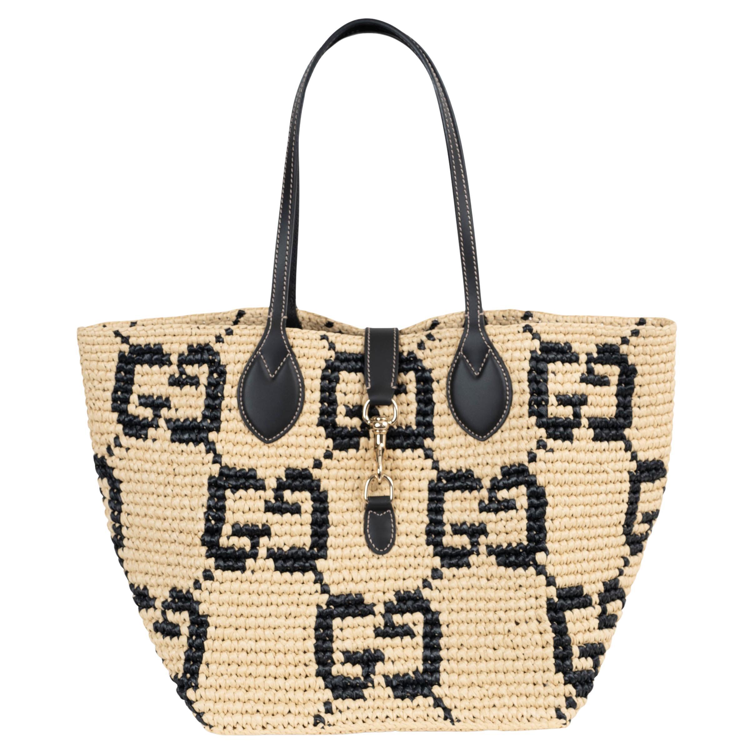 GUCCI natural & black 2025 GG WOVEN MEDIUM TOTE Bag For Sale
