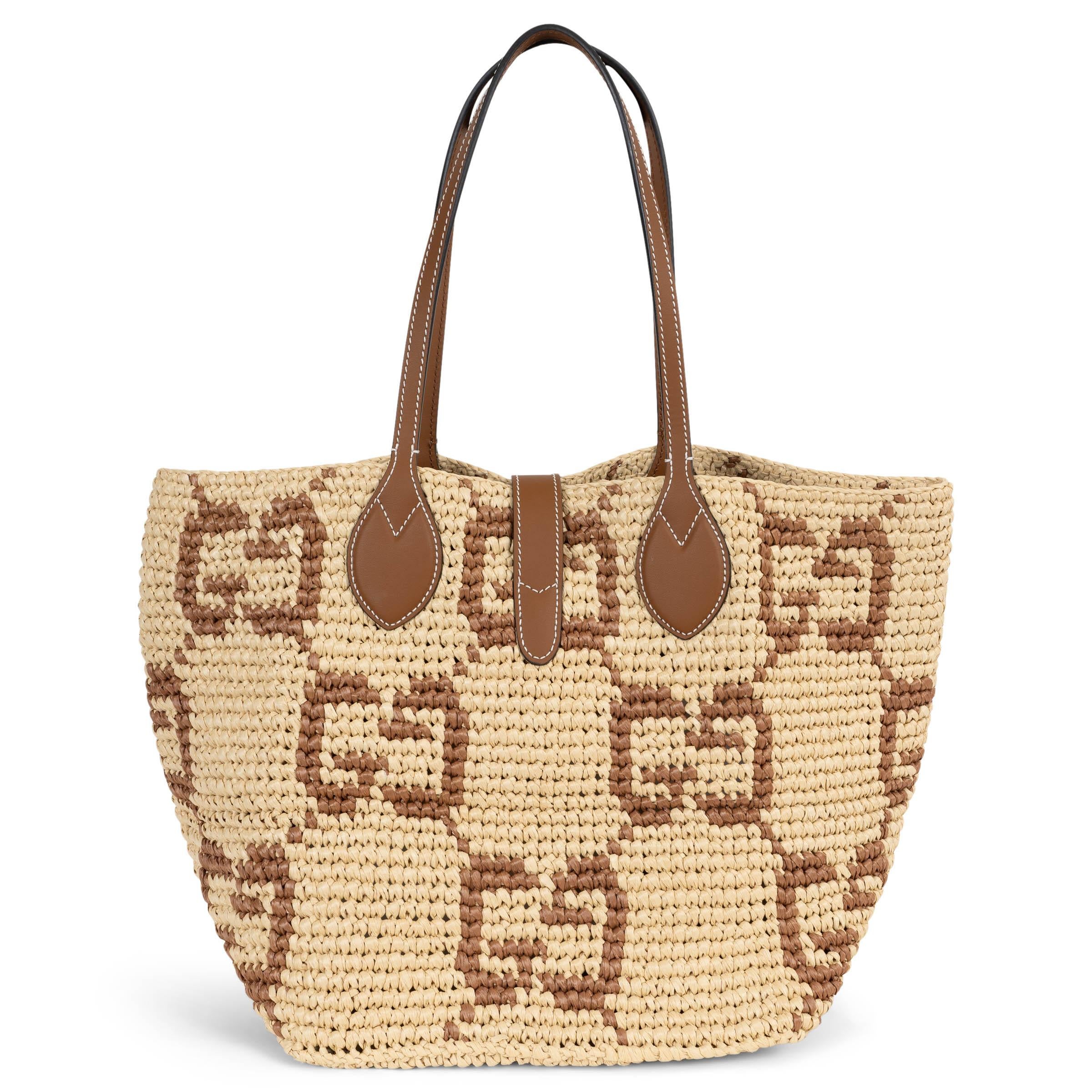 Beige Gucci Borsa TOTE MEDIUM GG WOVEN naturale e marrone 2025 in vendita