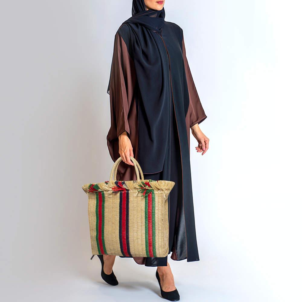 Gucci Natural/Multicolor Woven Straw Cestino Tote In Excellent Condition For Sale In Dubai, Al Qouz 2