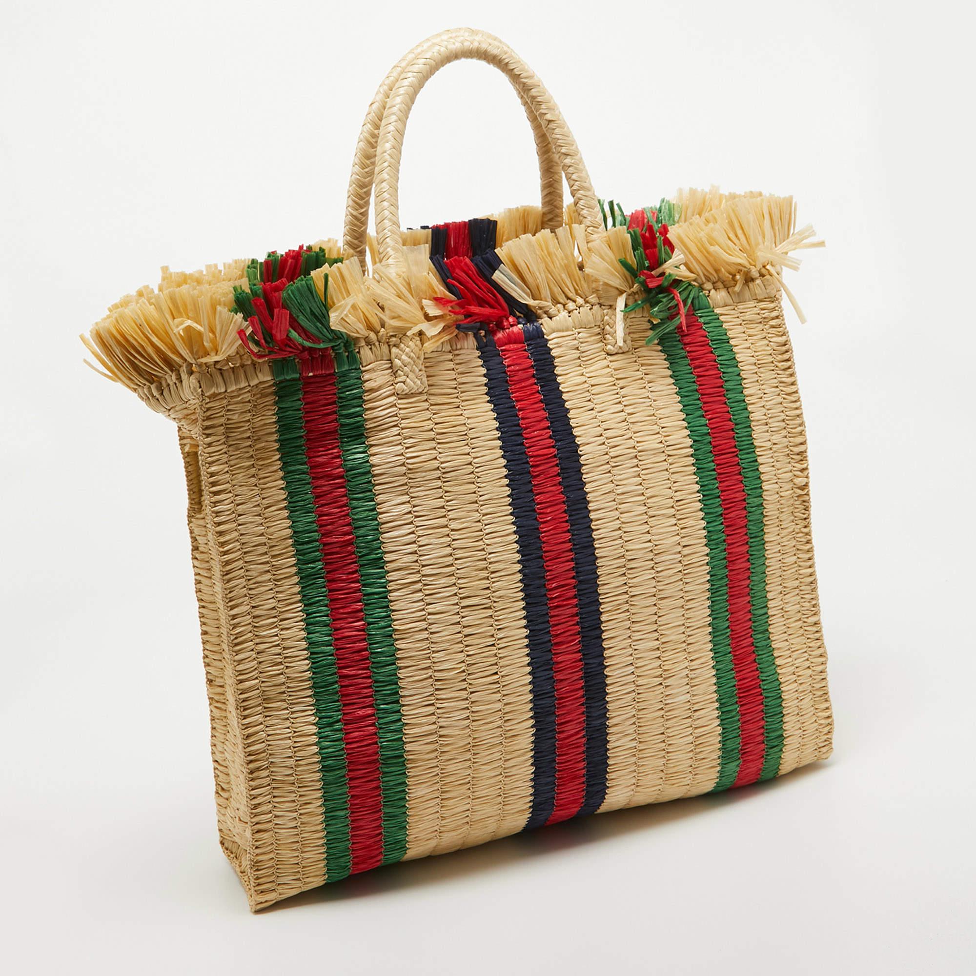 Brown Gucci Natural/Multicolor Woven Straw Cestino Tote