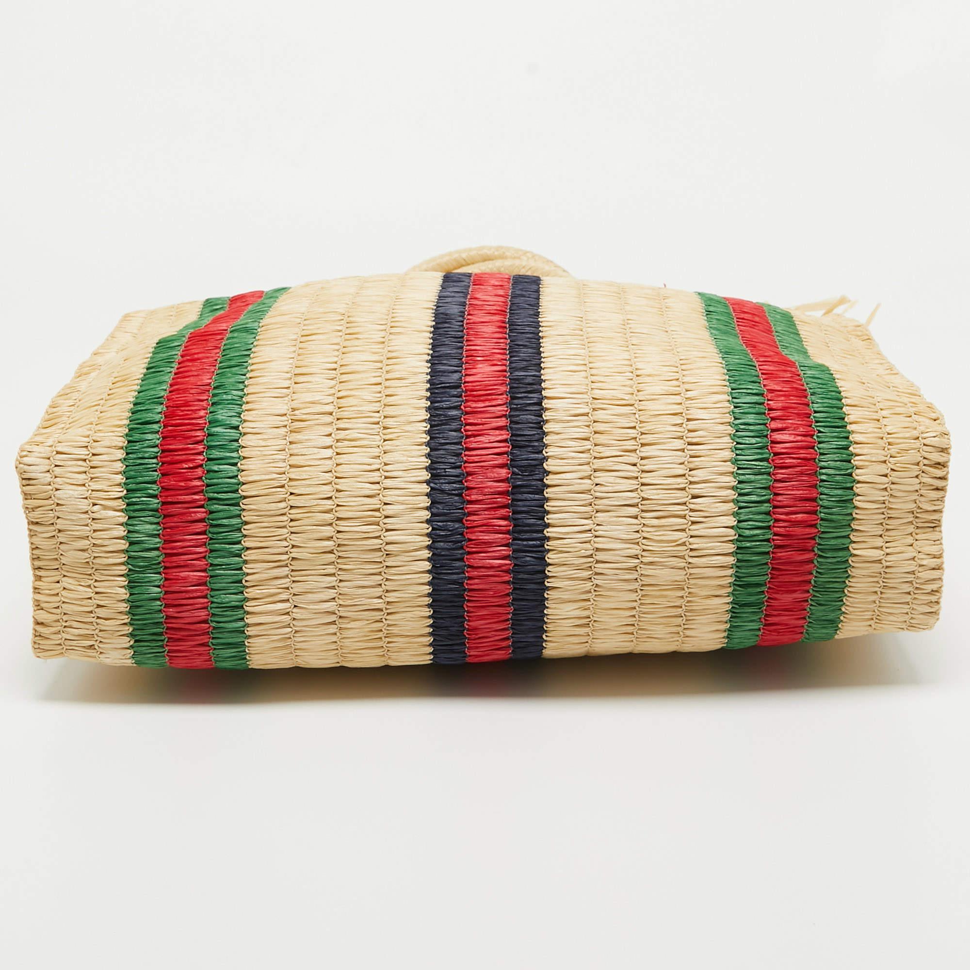 Gucci Natural/Multicolor Woven Straw Cestino Tote For Sale 1