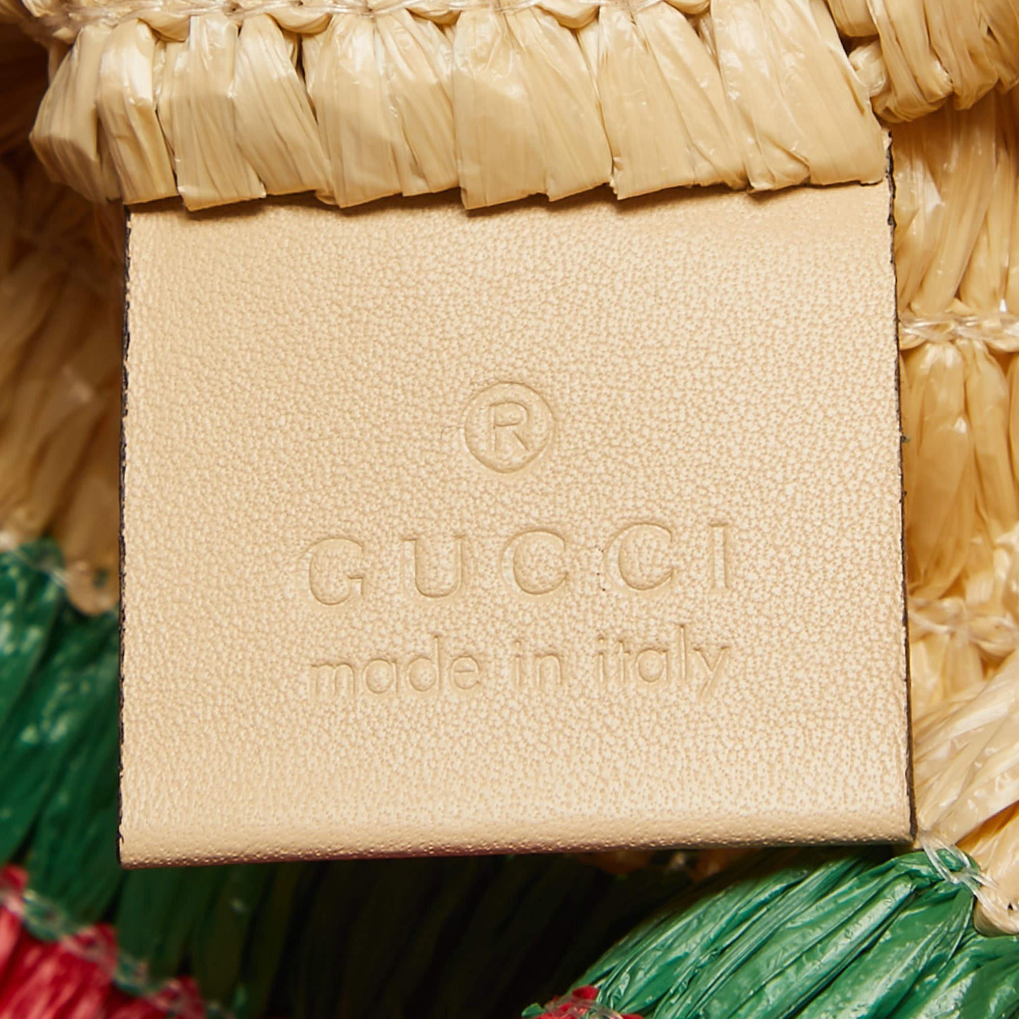 Gucci Natural/Multicolor Woven Straw Cestino Tote For Sale 2