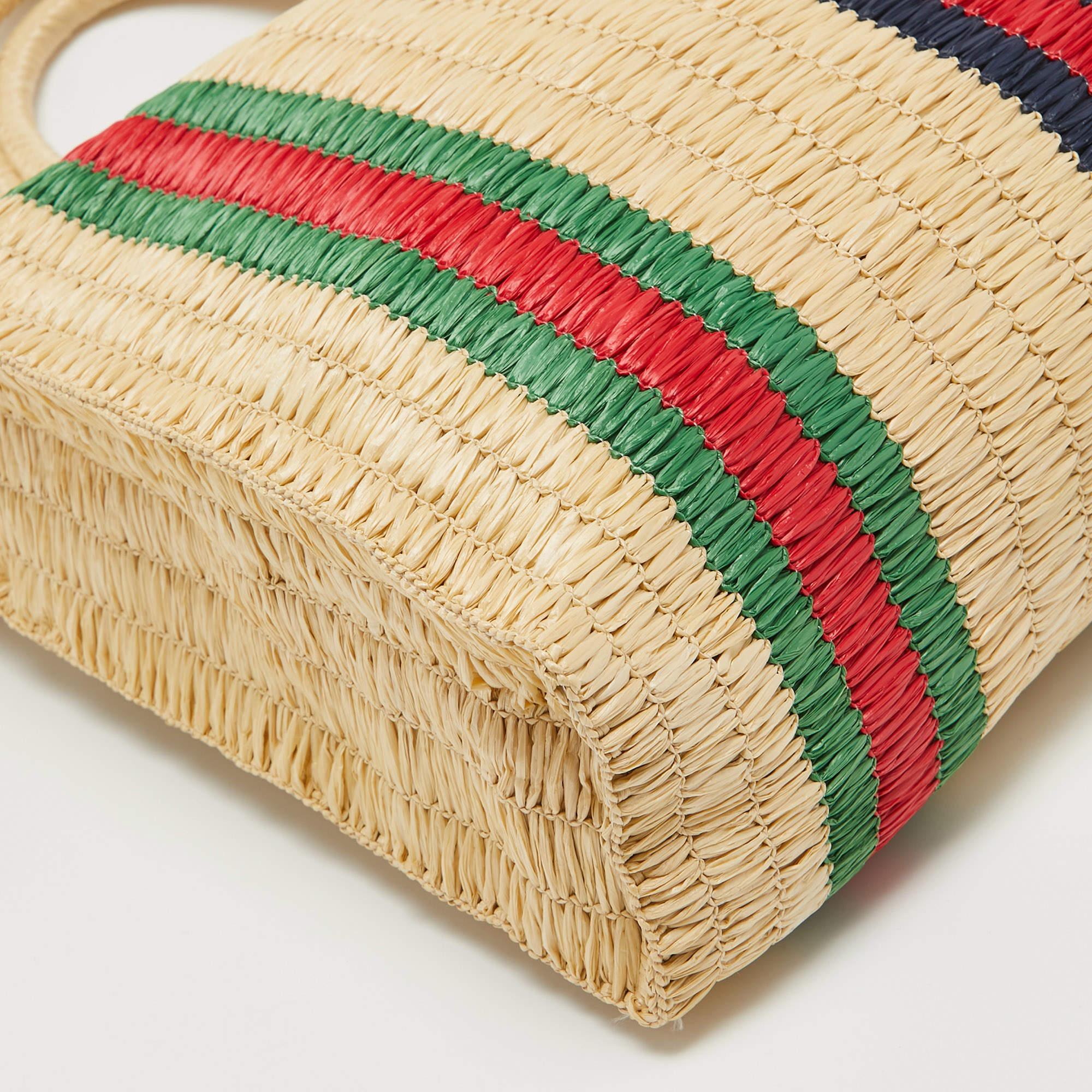 Gucci Natural/Multicolor Woven Straw Cestino Tote For Sale 4