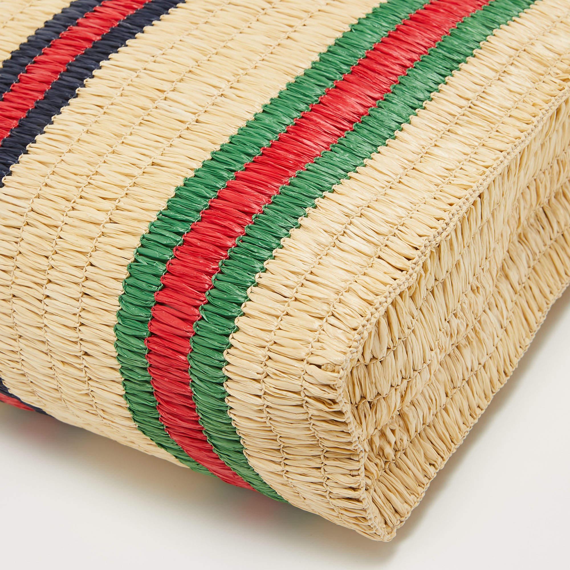 Gucci Natural/Multicolor Woven Straw Cestino Tote For Sale 5