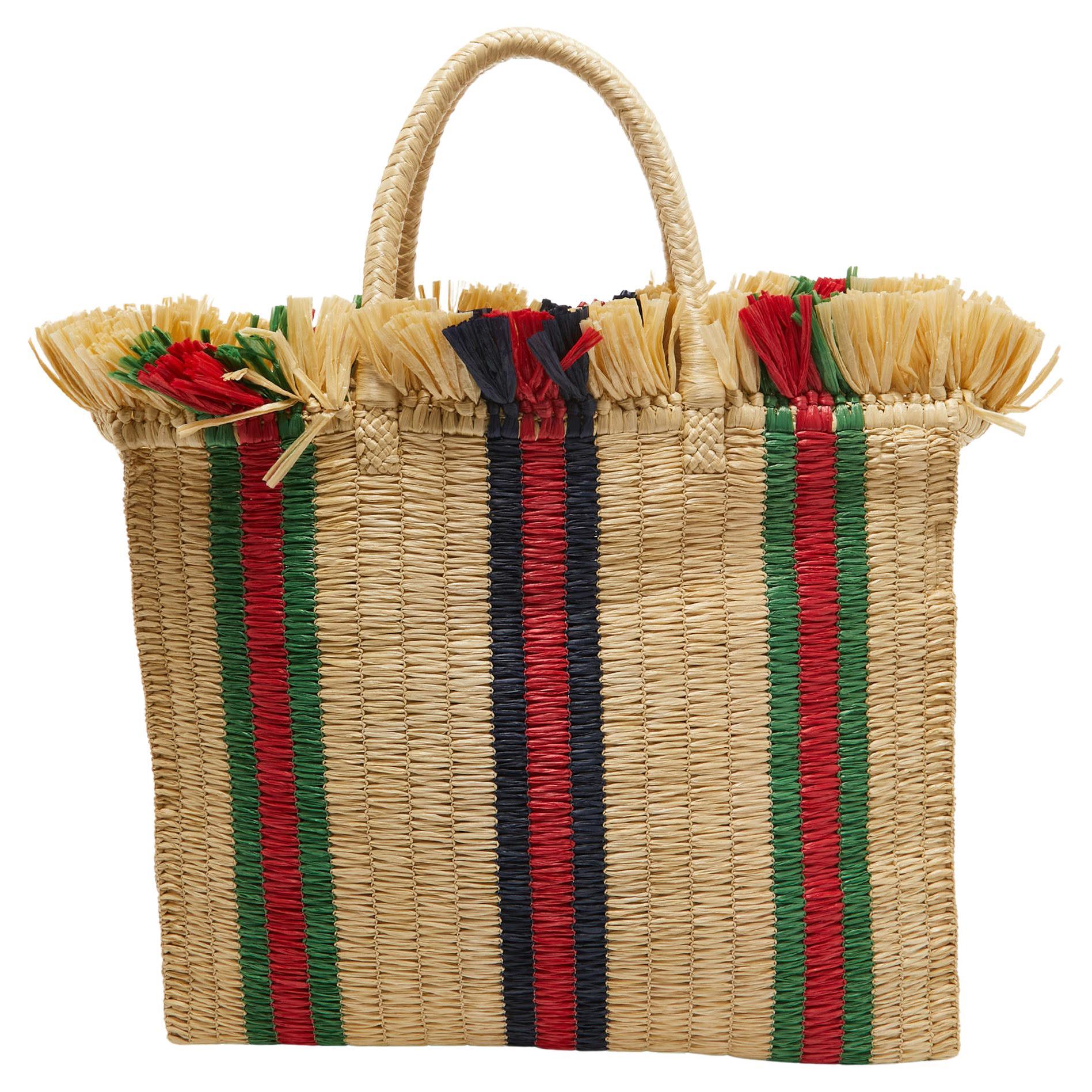 Cestino-Tasche aus gewebtem Stroh in Natur/Multicolor von Gucci im Angebot