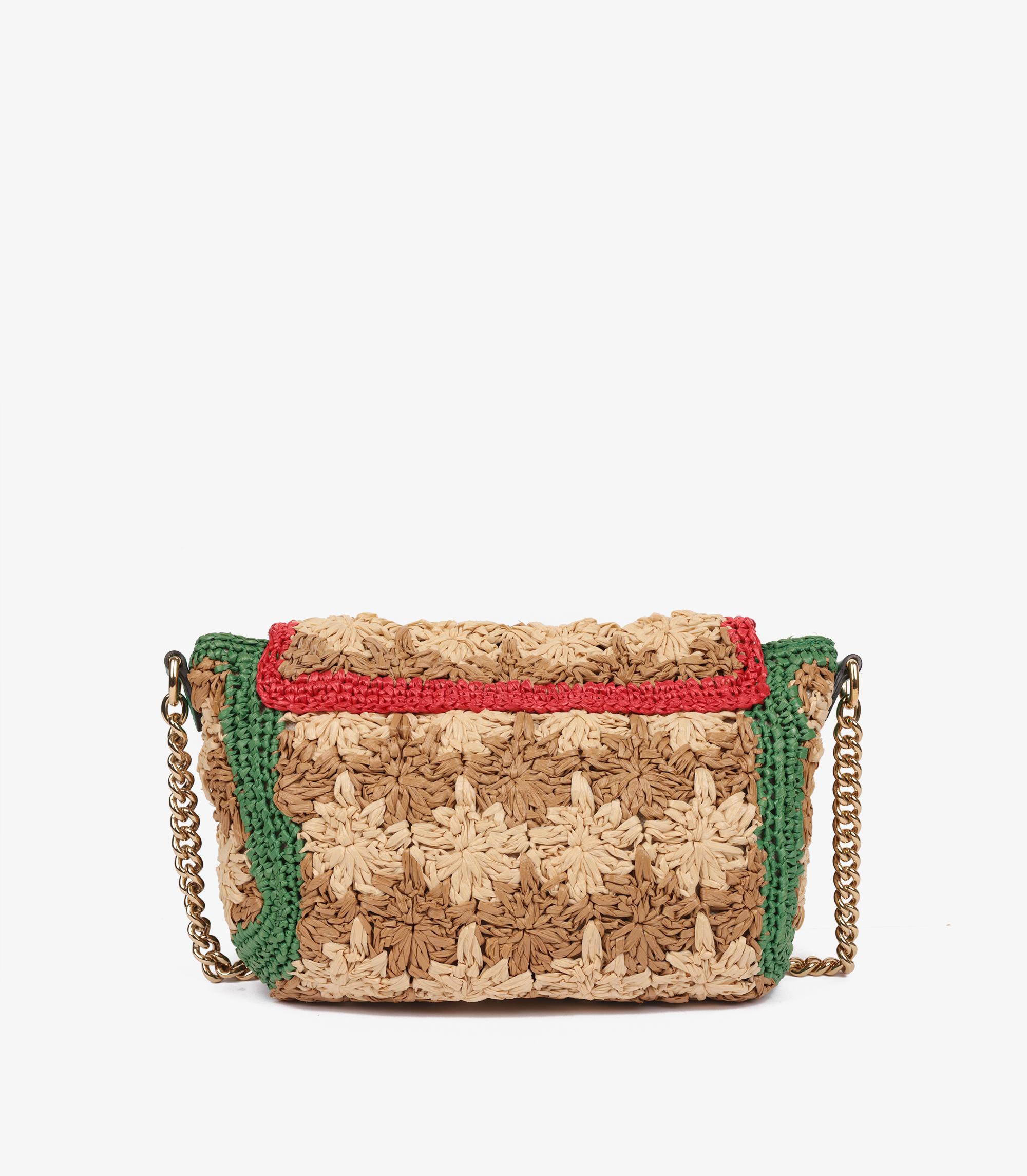 Gucci Natural, Red, Green Raffia & Calfskin Leather Small GG Marmont In Excellent Condition In Bishop's Stortford, Hertfordshire