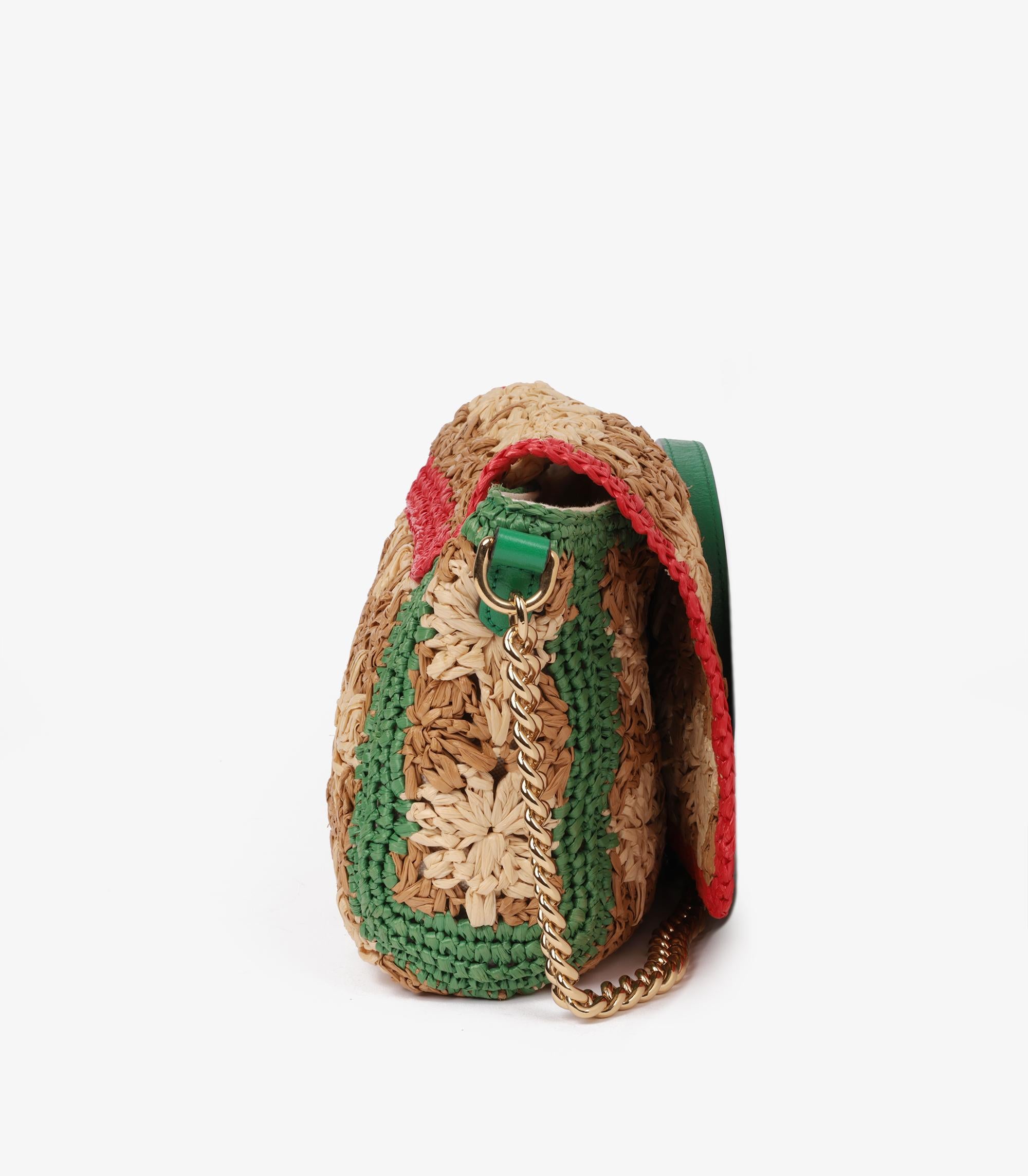 Gucci Natural, Red, Green Raffia & Calfskin Leather Small GG Marmont 1