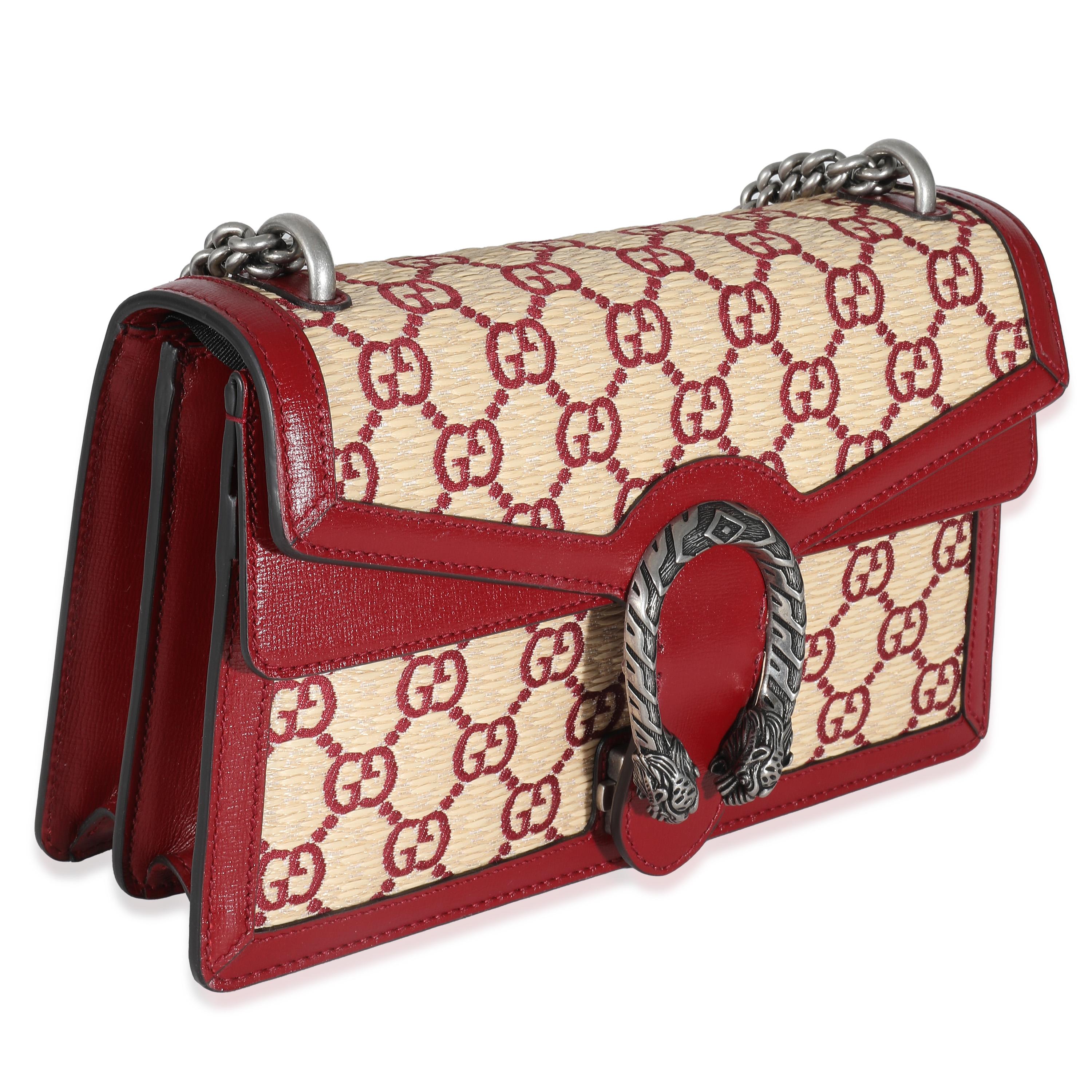 Brown Gucci Natural Red Straw Azalea Calfskin GG Monogram Small Dionysus Bag For Sale