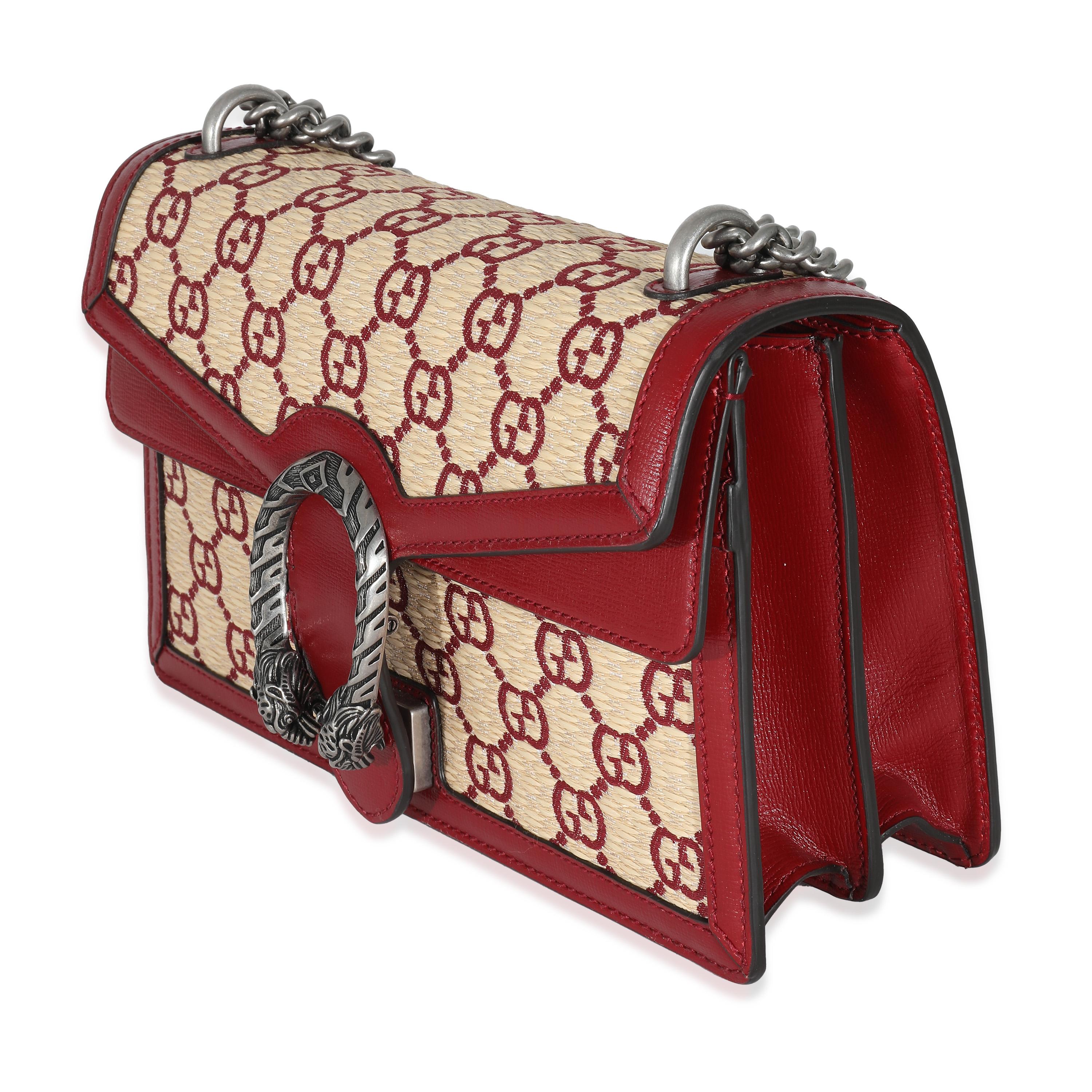 Gucci Natural Red Straw Azalea Calfskin GG Monogram Small Dionysus Bag In Excellent Condition For Sale In New York, NY