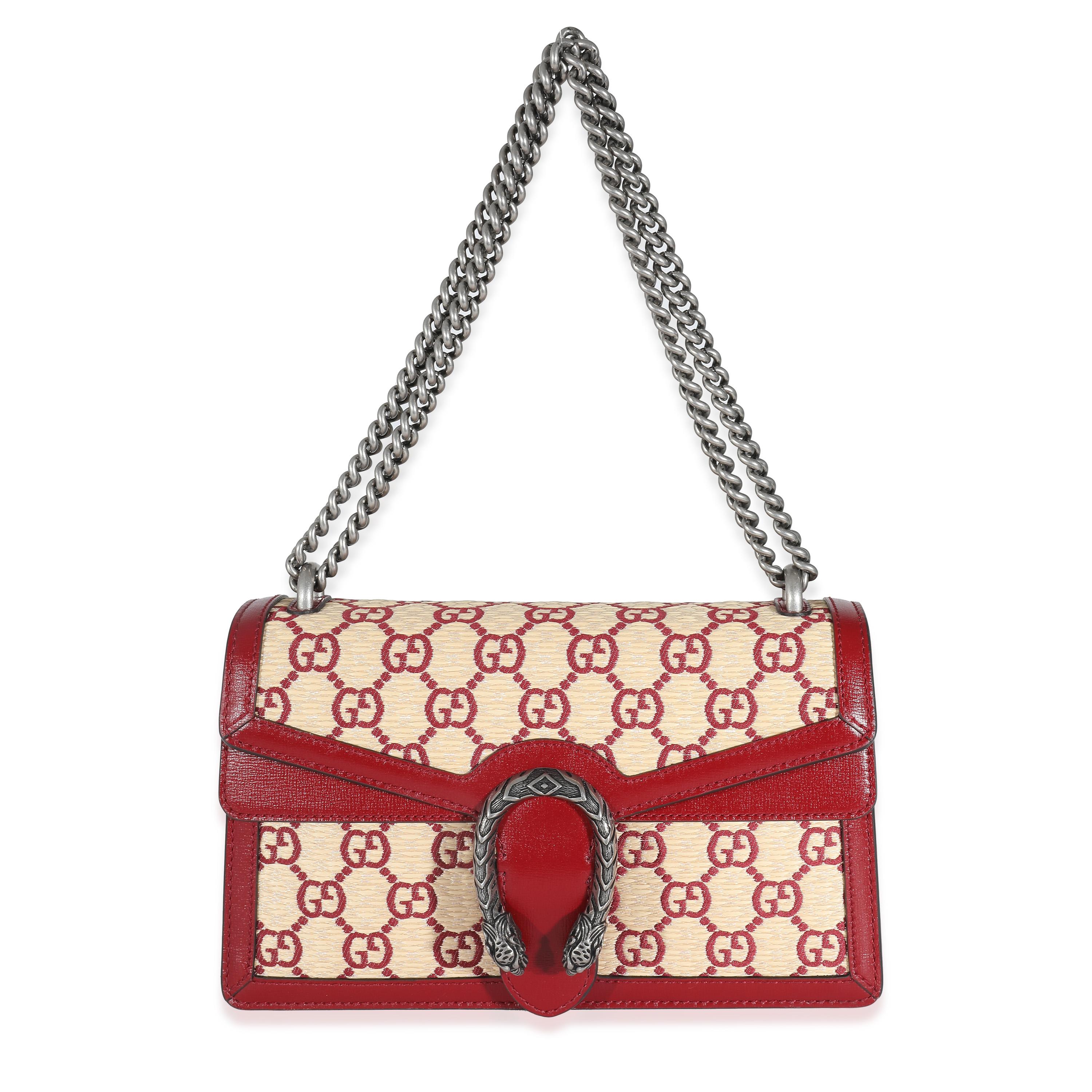 Gucci Natural Red Straw Azalea Calfskin GG Monogram Small Dionysus Bag For Sale 1
