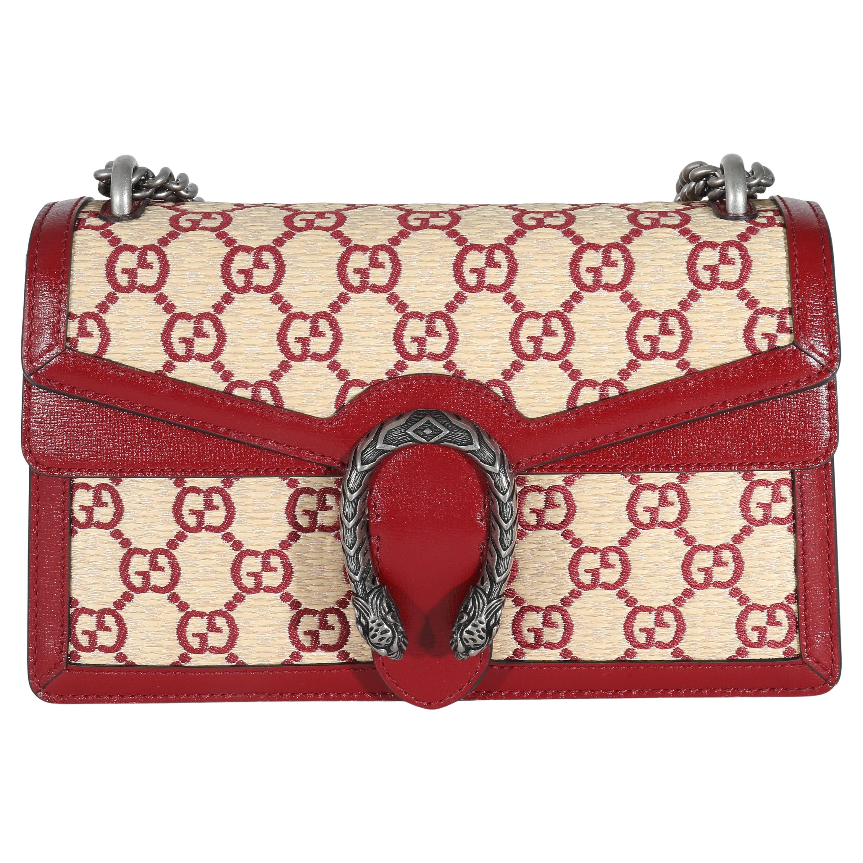 Gucci Natural Red Straw Azalea Calfskin GG Monogram Small Dionysus Bag For Sale