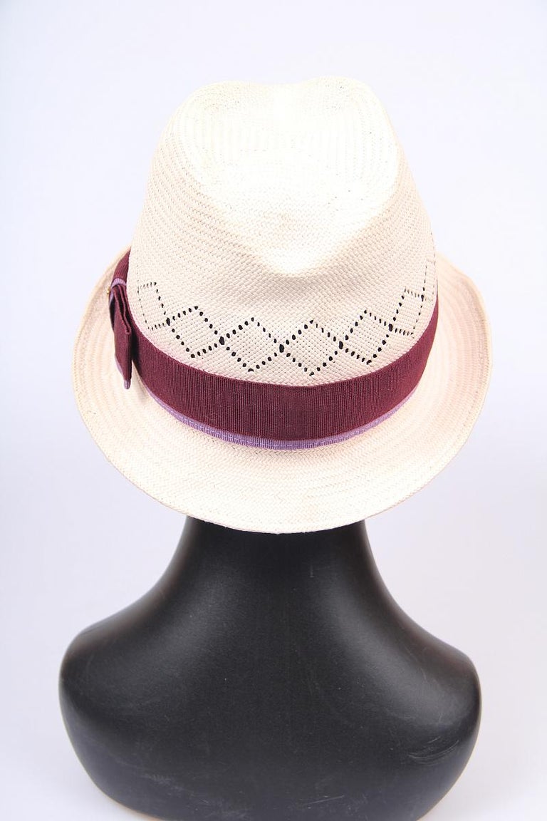 Gucci Natural Straw Fedora Hat With Ribbon and Bow Medium For Sale