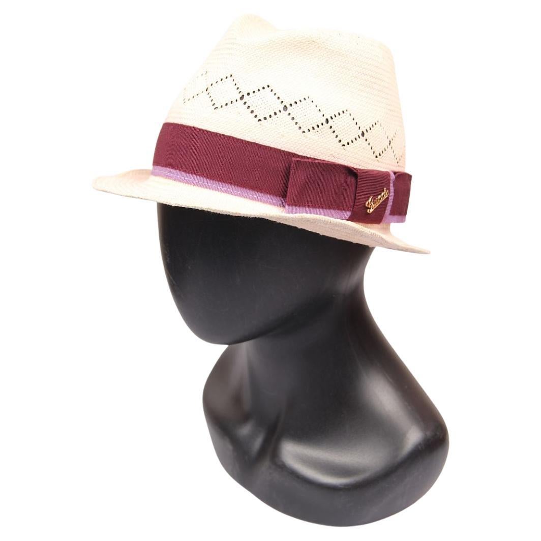 Gucci Naturstroh Fedora Hut mit Band und Schleife Medium im Angebot