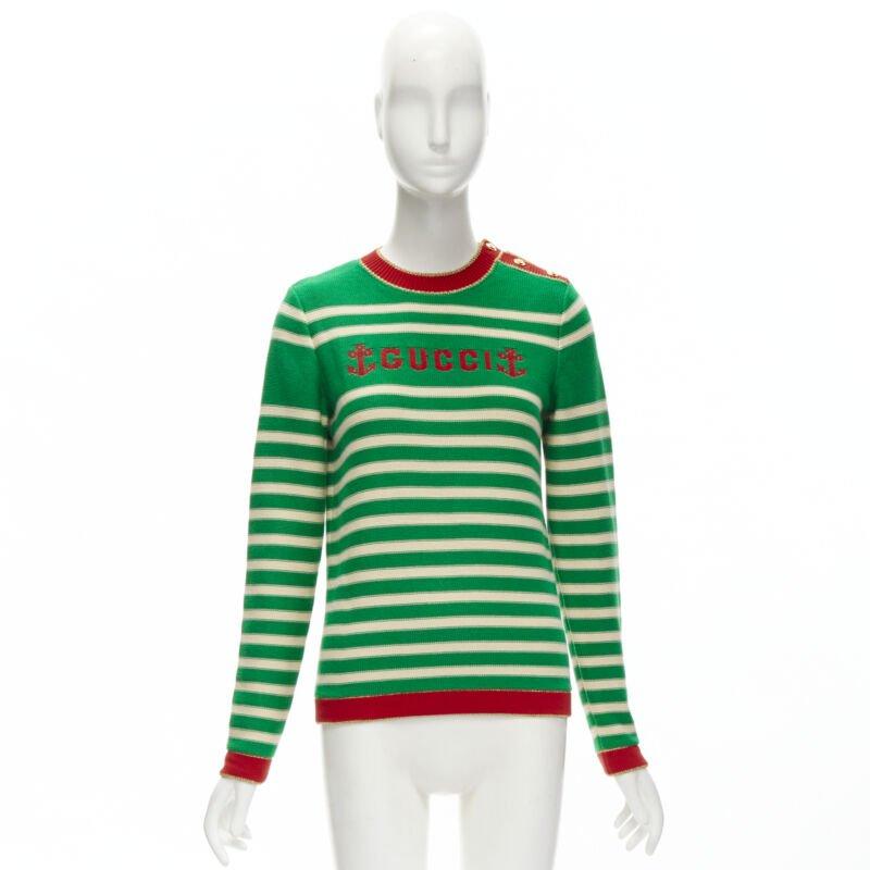 GUCCI Nautical sailor intarsia embroidery green beige striped sweater XS For Sale 5
