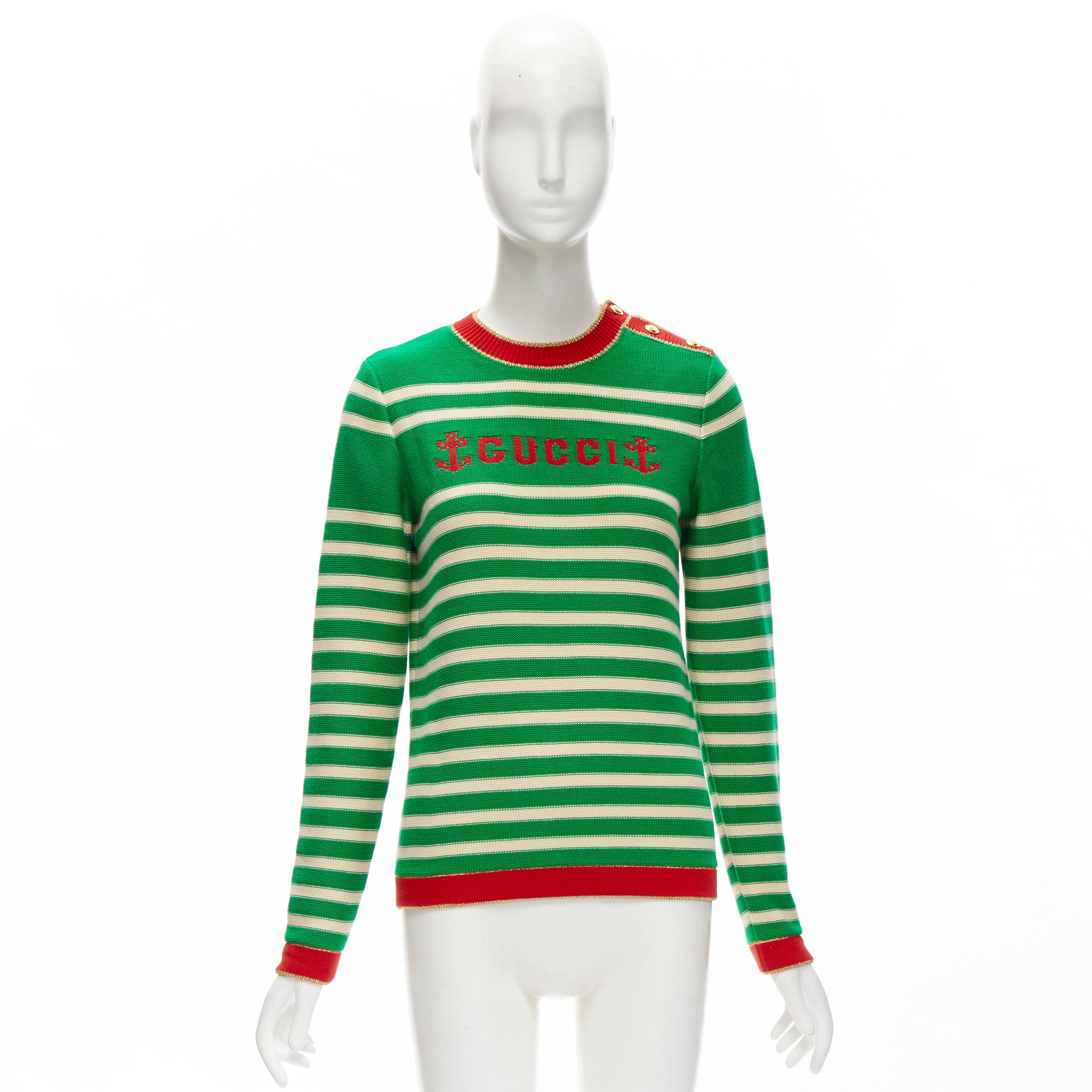 GUCCI Nautical sailor intarsia embroidery green beige striped sweater XS For Sale 2