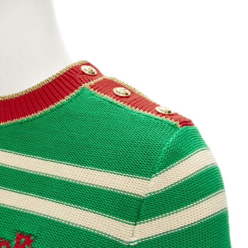 GUCCI Náutico marinero bordado de intarsia jersey de rayas verde beige XS
Referencia: AAWC/A00094
Marca: Gucci
Diseñador: Alessandro Michele
Material: Algodón
Color: Verde, Beige
Patrón: A rayas
Cierre: Pullover
Forro:  Sin forro
Detalles