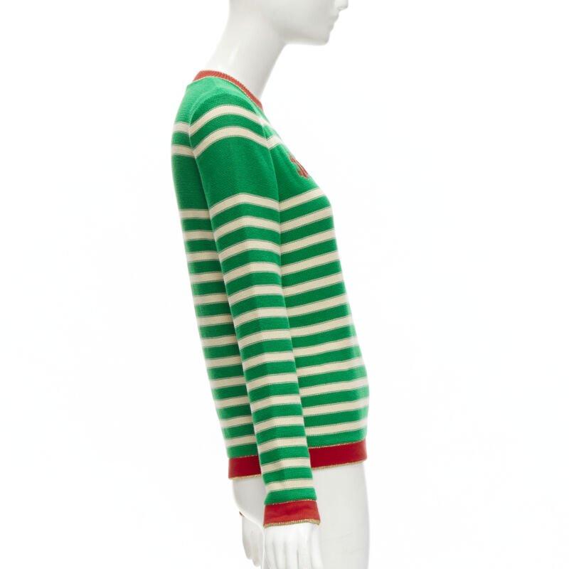 GUCCI Nautical sailor intarsia embroidery green beige striped sweater XS In Excellent Condition For Sale In Hong Kong, NT