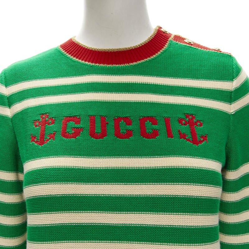 GUCCI Nautical sailor intarsia embroidery green beige striped sweater XS For Sale 2