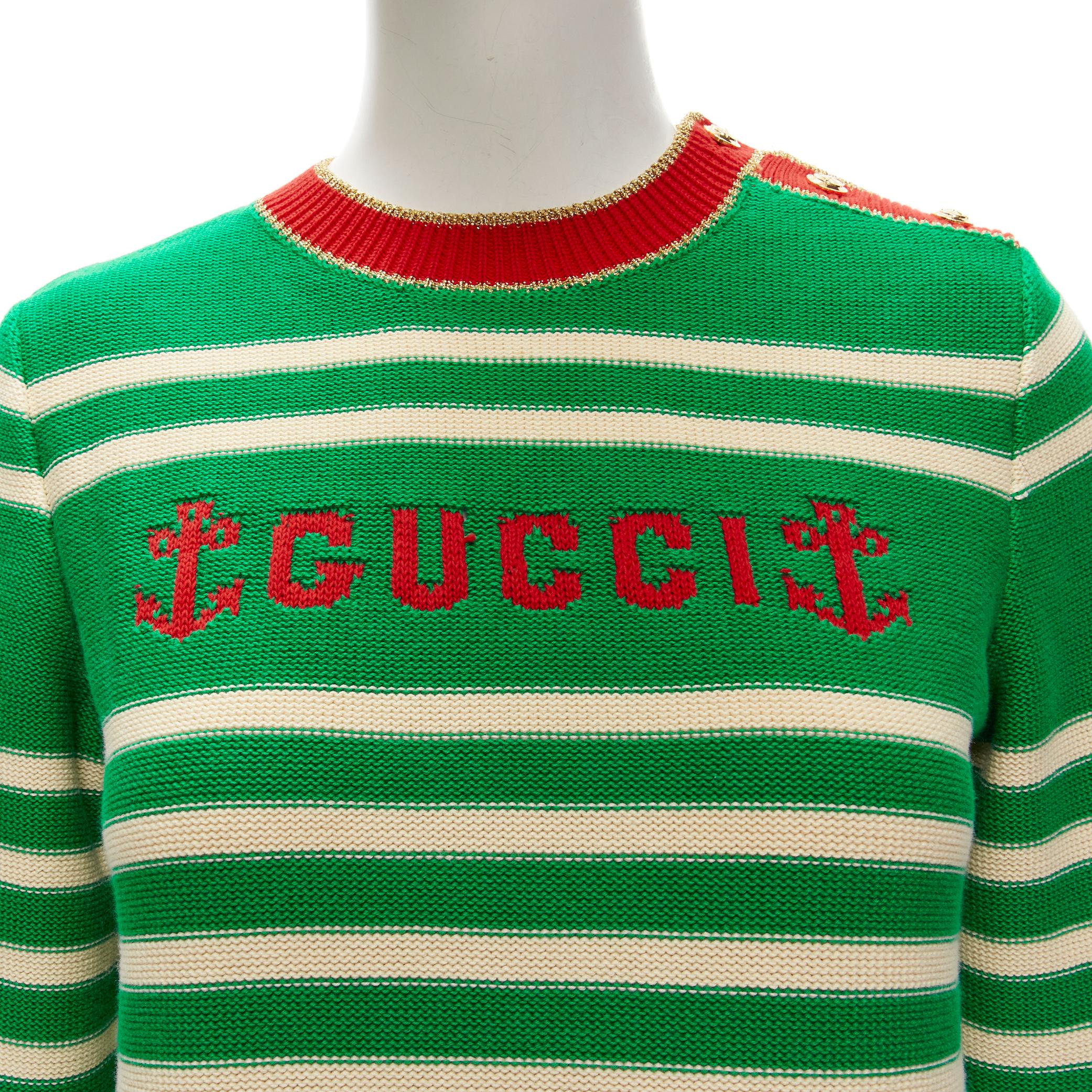 GUCCI Nautical sailor intarsia embroidery green beige striped sweater XS In Excellent Condition For Sale In Hong Kong, NT