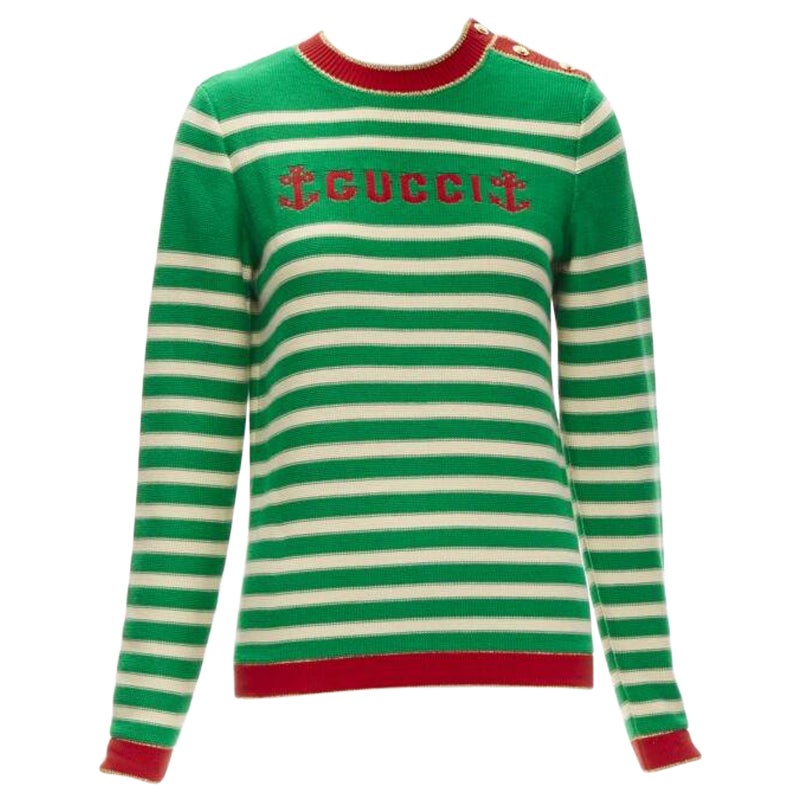 GUCCI Náutico marinero bordado de intarsia jersey de rayas verde beige XS