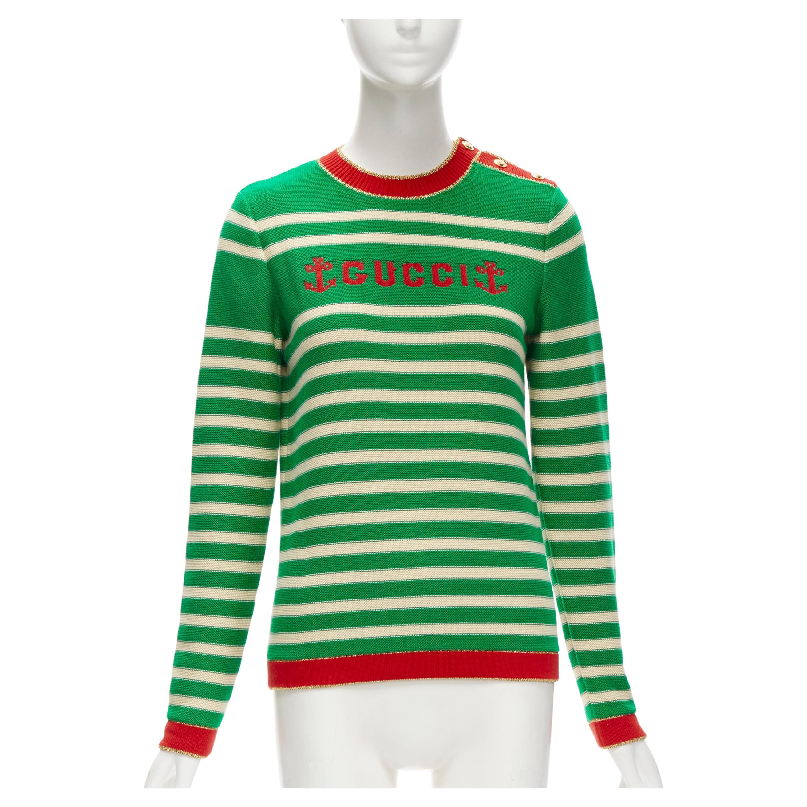 GUCCI Nautical sailor intarsia embroidery green beige striped sweater XS For Sale