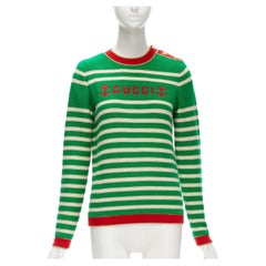 GUCCI Pull à rayures vert beige avec broderie intarsia de marin, Taille XS