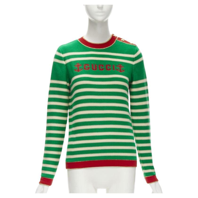 GUCCI Nautical sailor intarsia embroidery green beige striped sweater XS