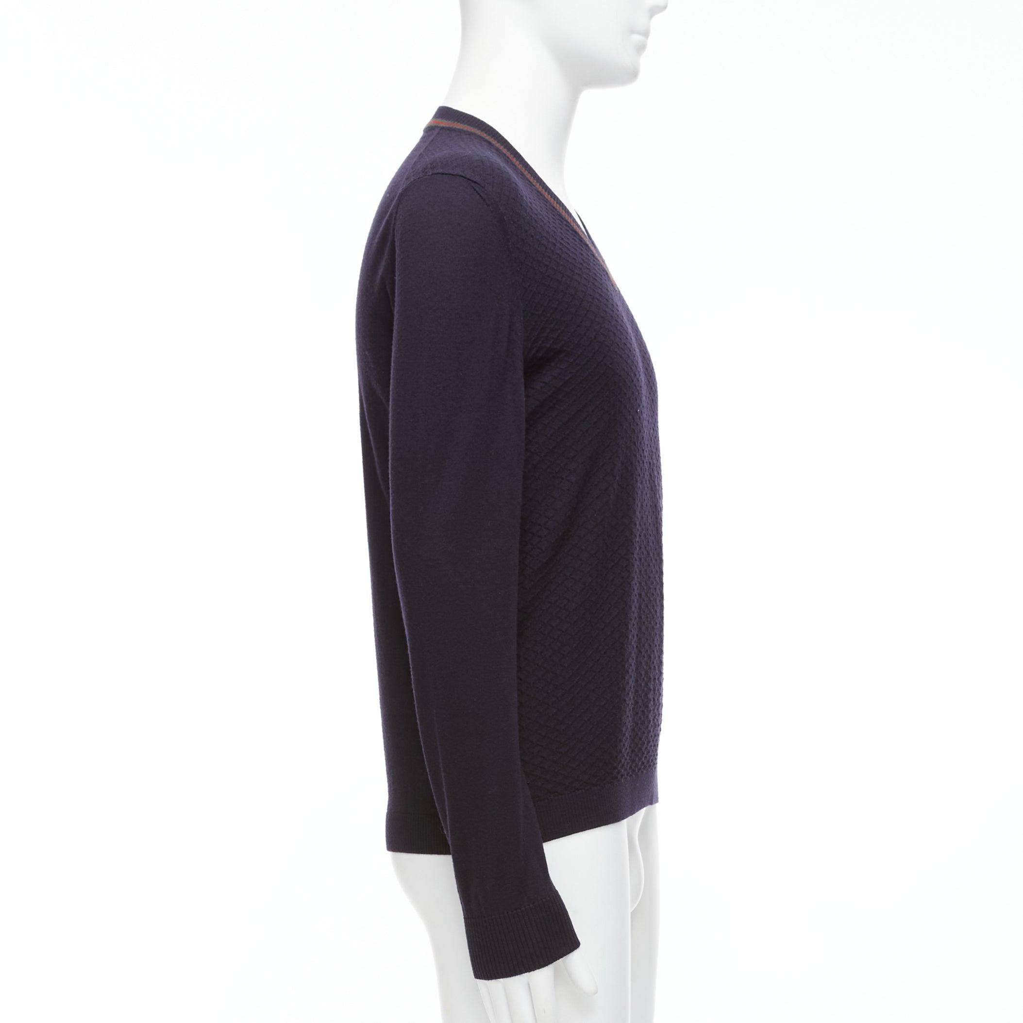 GUCCI navy 100% wool green red web v neck long sleeve sweater M In Fair Condition In Hong Kong, NT