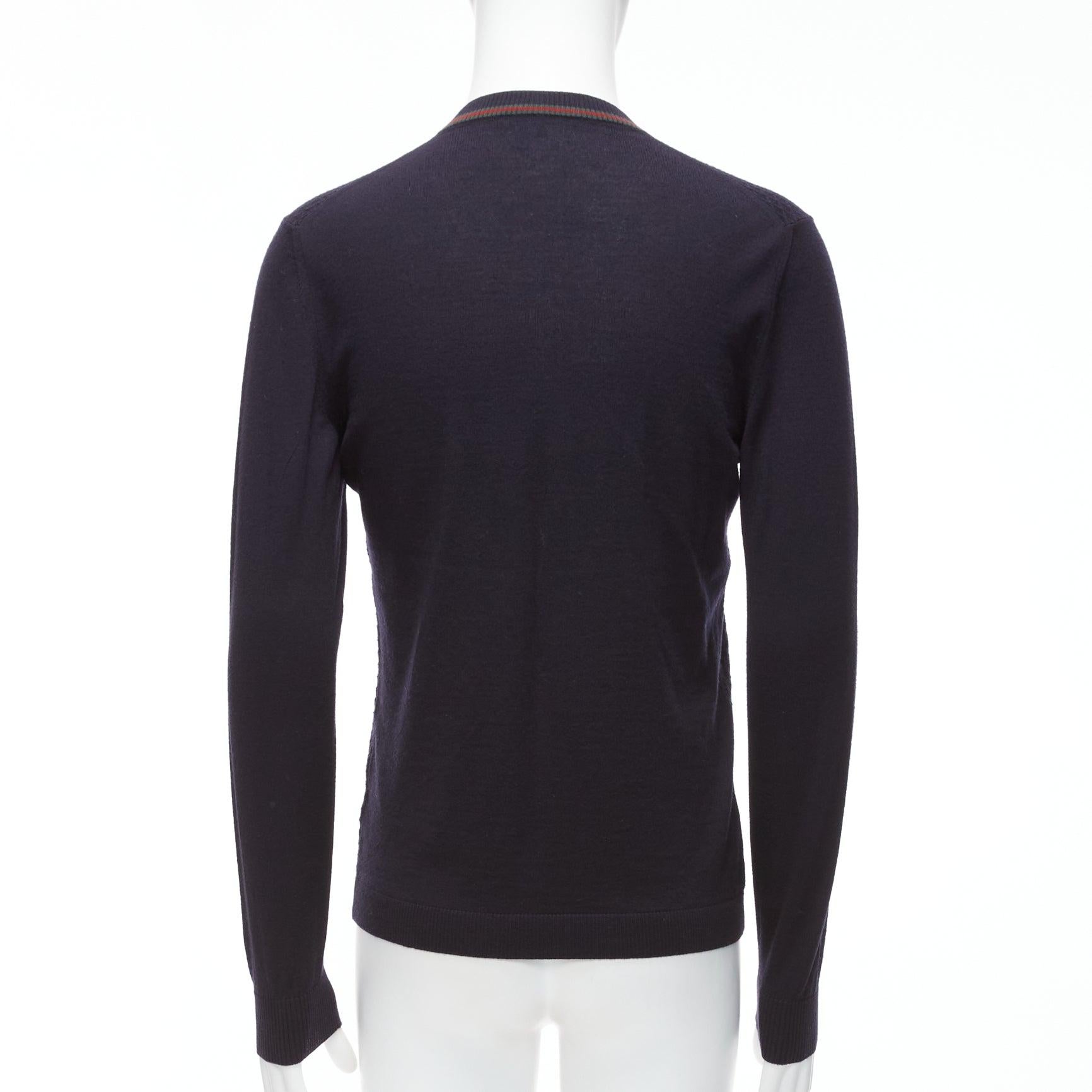 Men's GUCCI navy 100% wool green red web v neck long sleeve sweater M