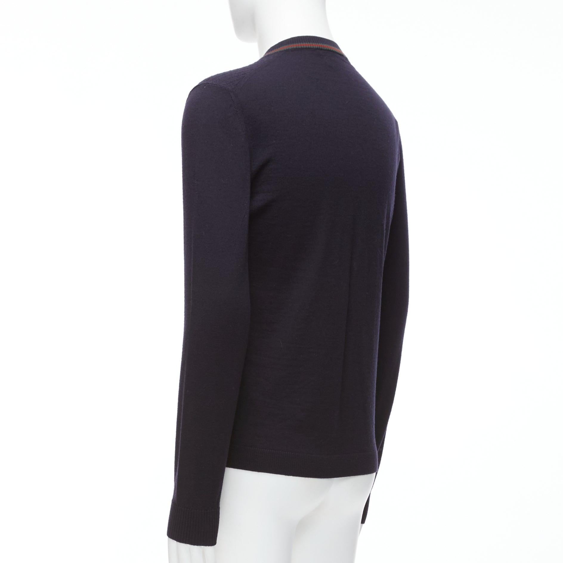 GUCCI navy 100% wool green red web v neck long sleeve sweater M 1