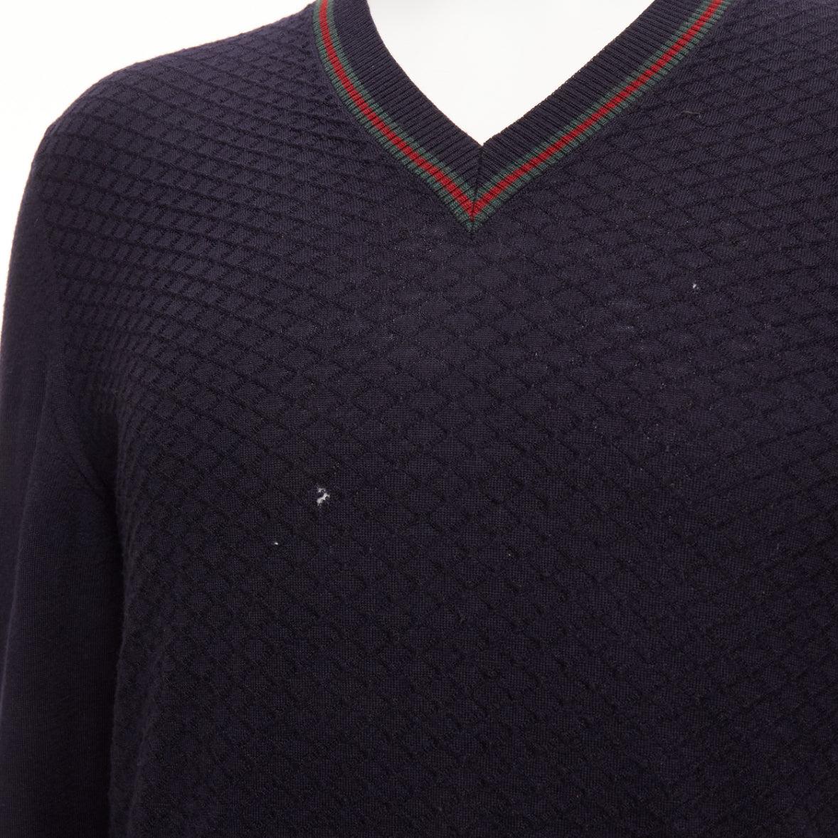 GUCCI navy 100% wool green red web v neck long sleeve sweater M en vente 3