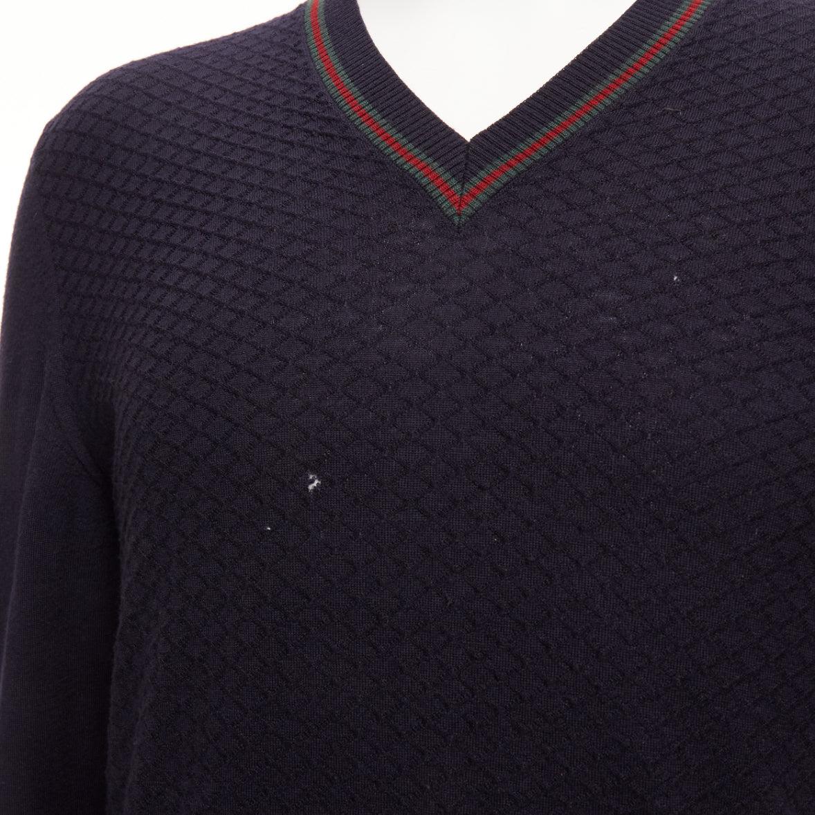 GUCCI navy 100% wool green red web v neck long sleeve sweater M 2